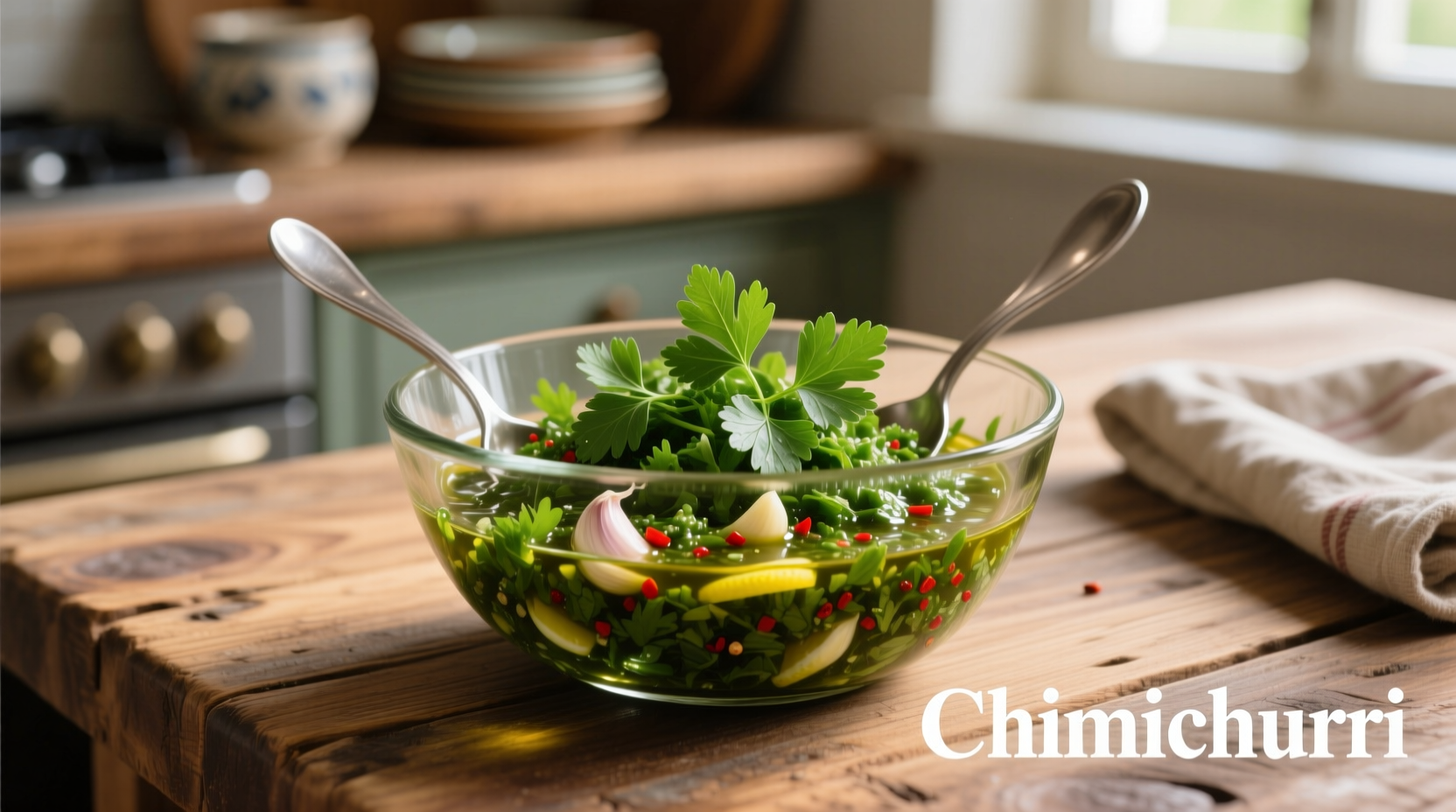 Fresh parsley and cilantro chimichurri in glass bowl