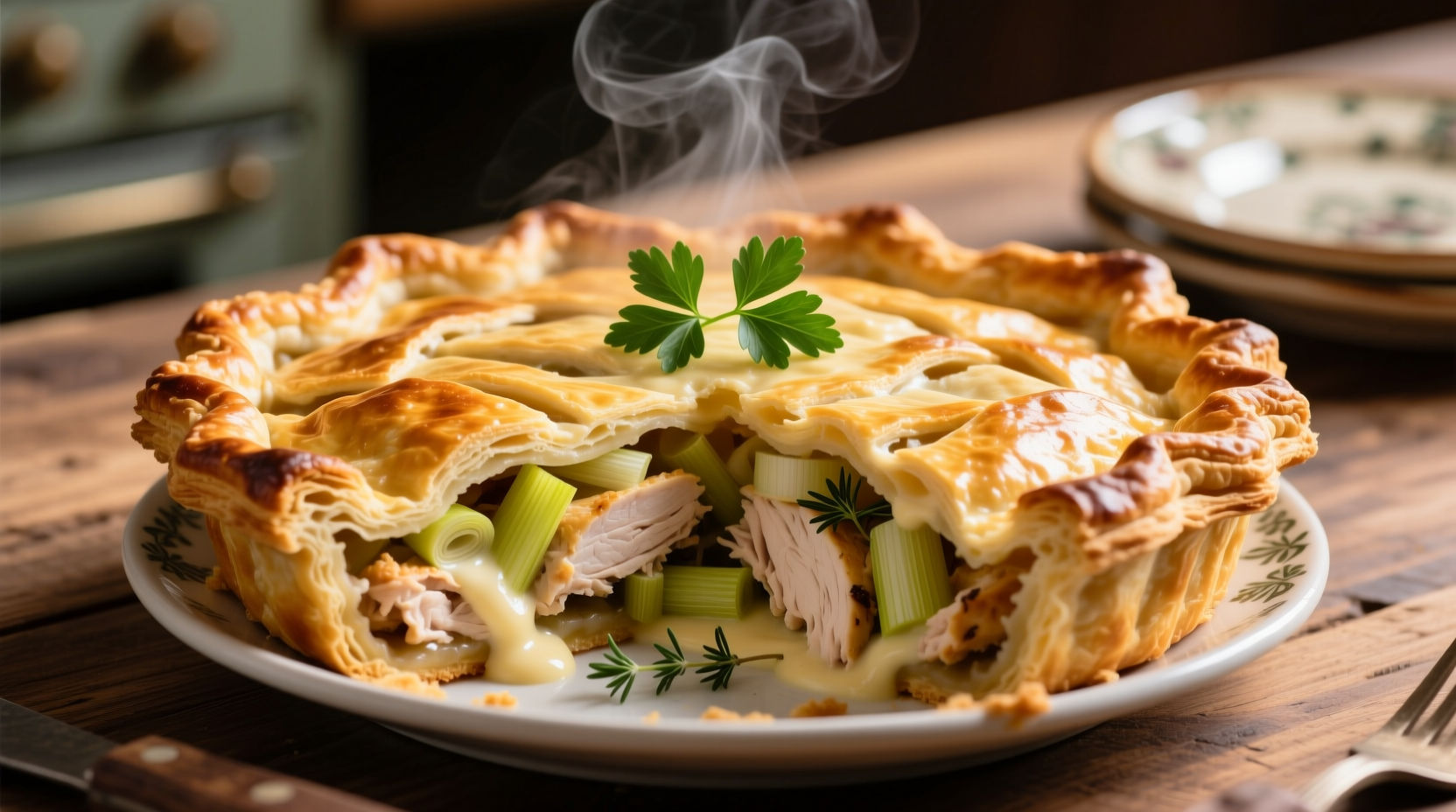 Golden chicken and leek pie with flaky pastry crust