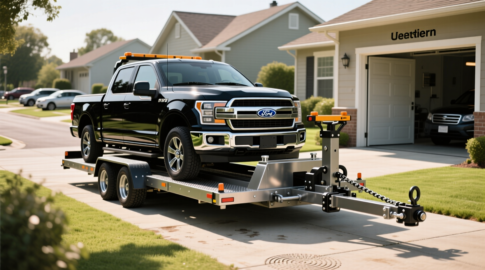 Pickup truck on a tow dolly being towed on highway
