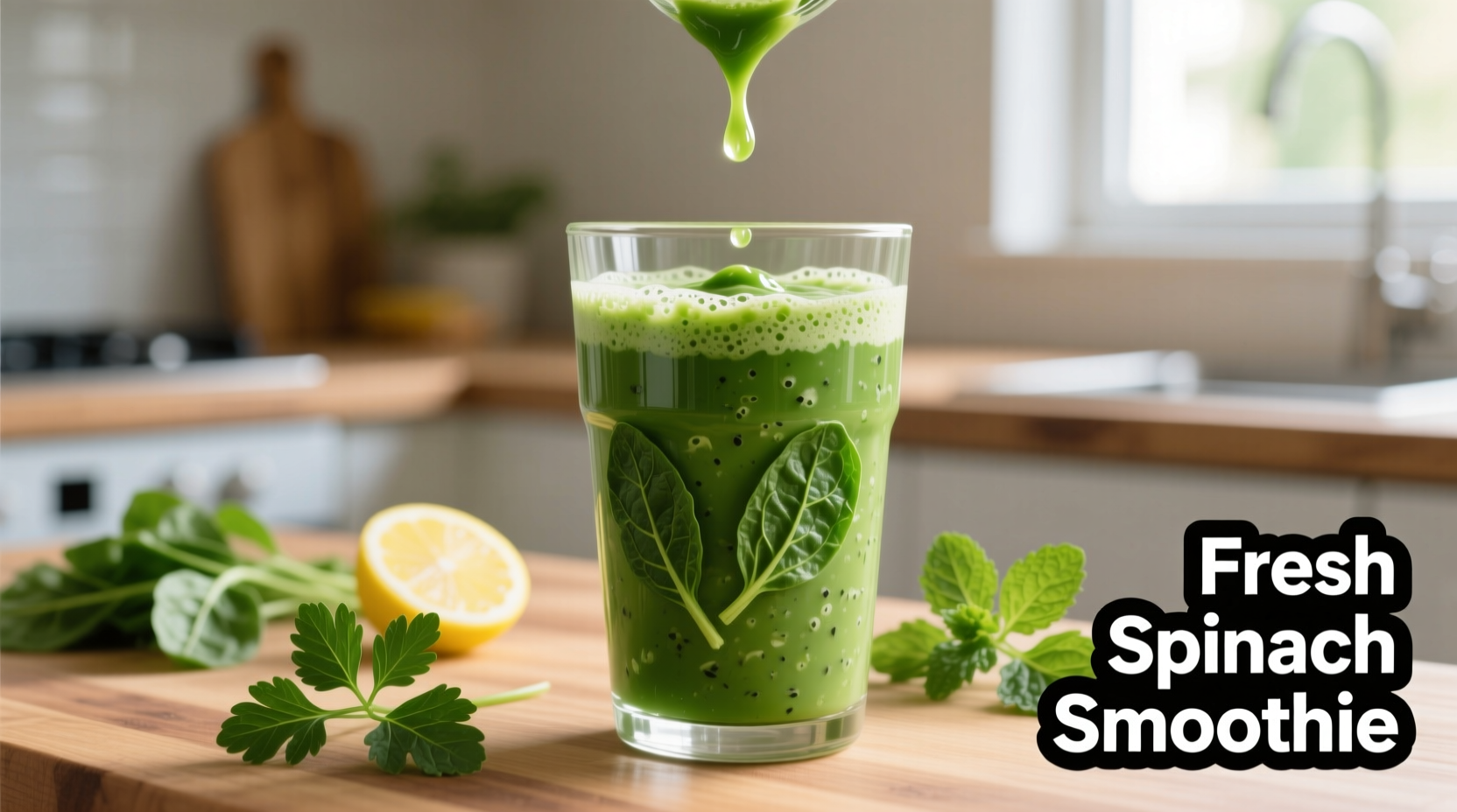 Fresh spinach blending into vibrant green smoothie
