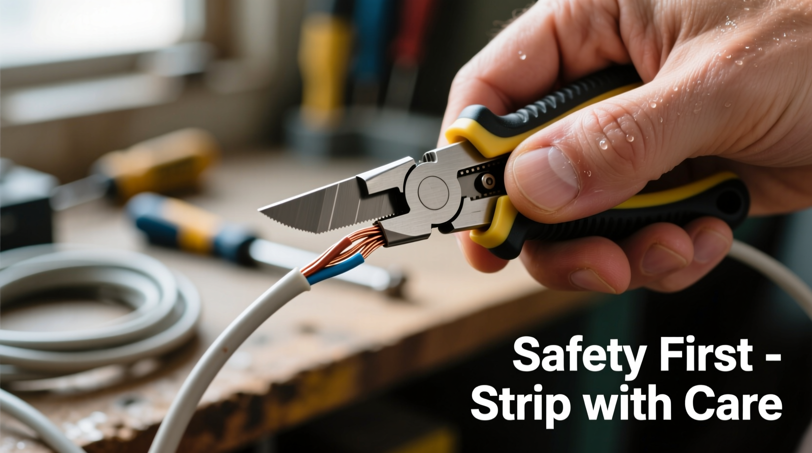 Close-up of hand safely stripping wire with utility knife