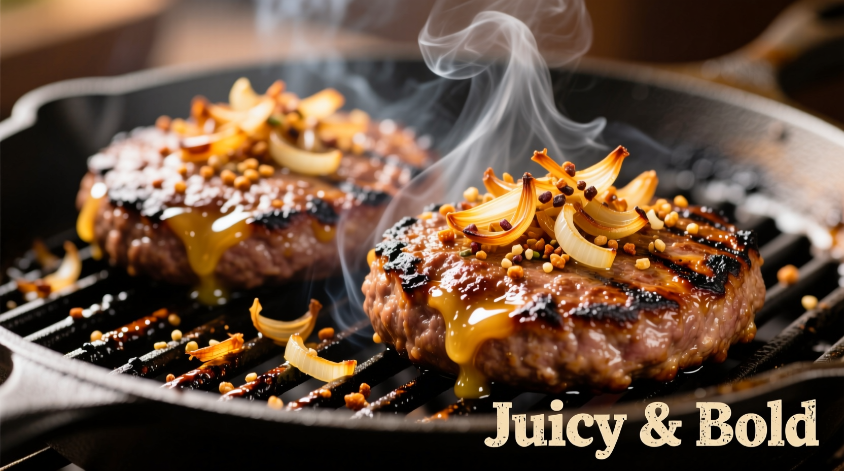 Juicy hamburger patties with onion soup mix on grill