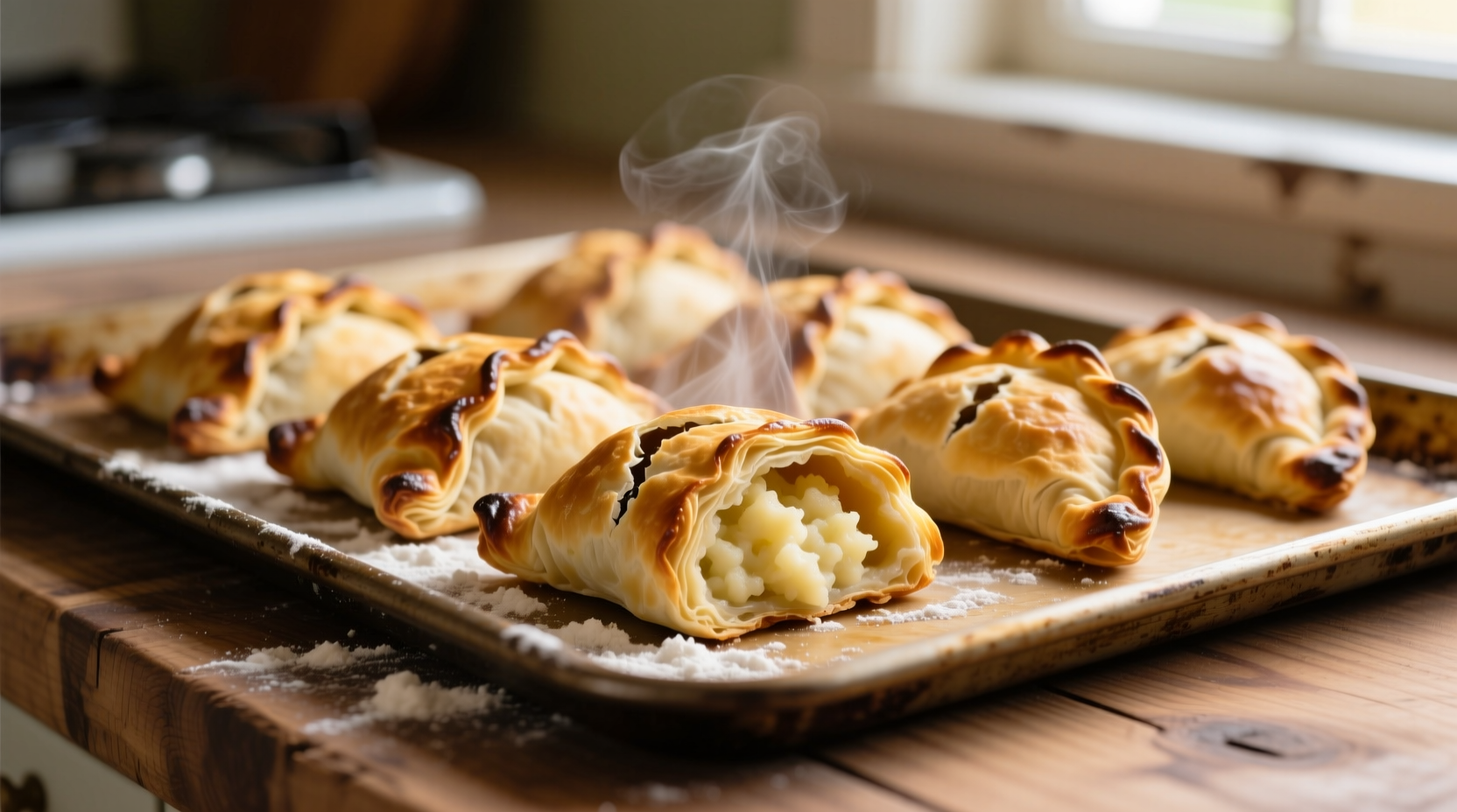 Golden brown potato turnovers on baking sheet