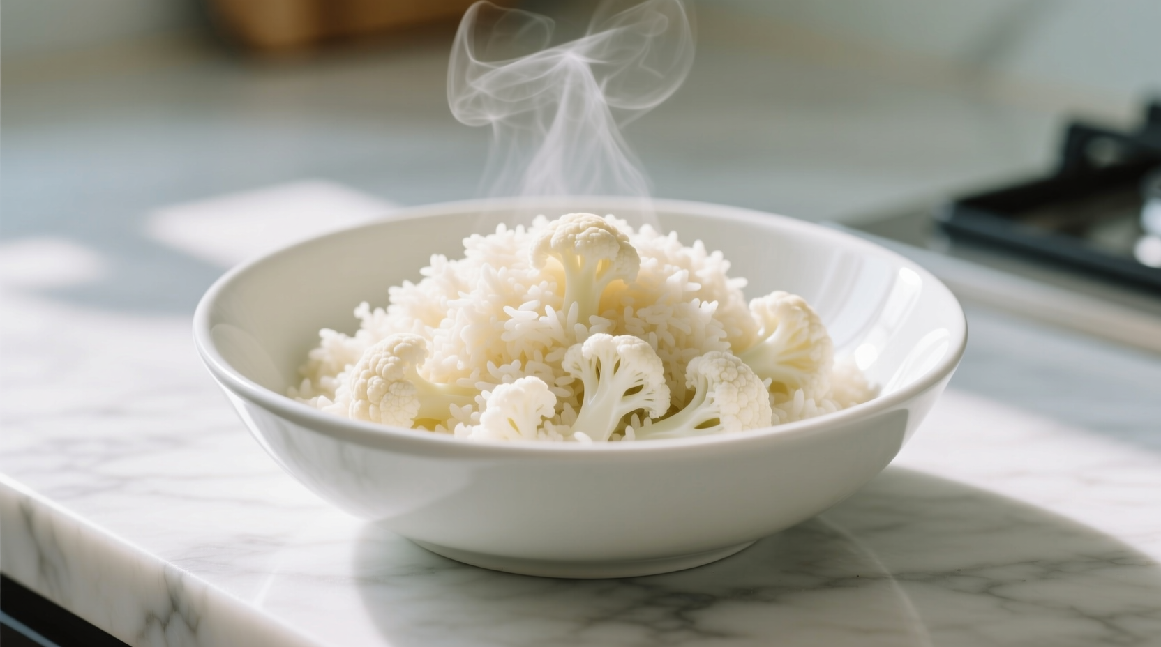 Fresh cauliflower rice in white bowl