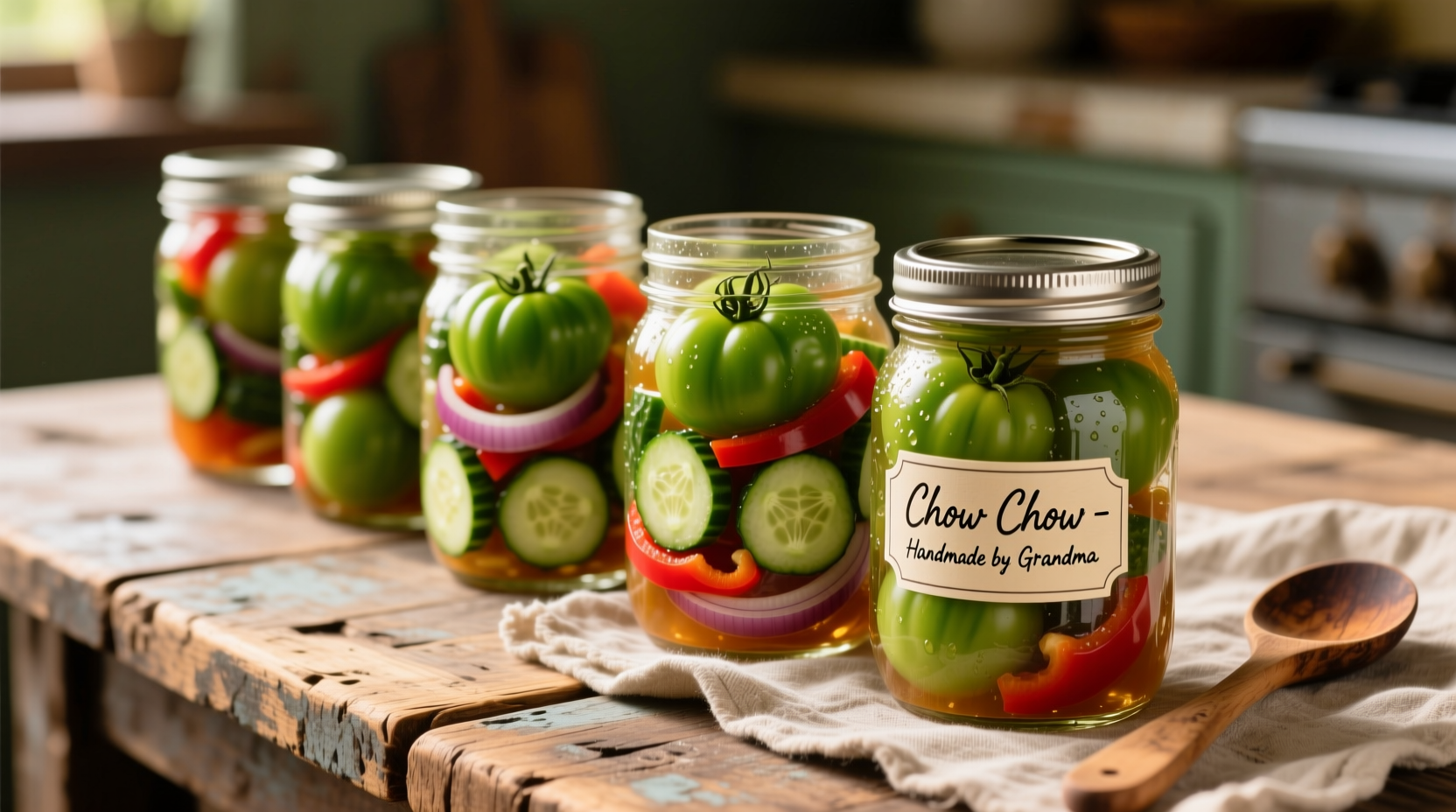 Homemade green tomato chow chow in mason jars