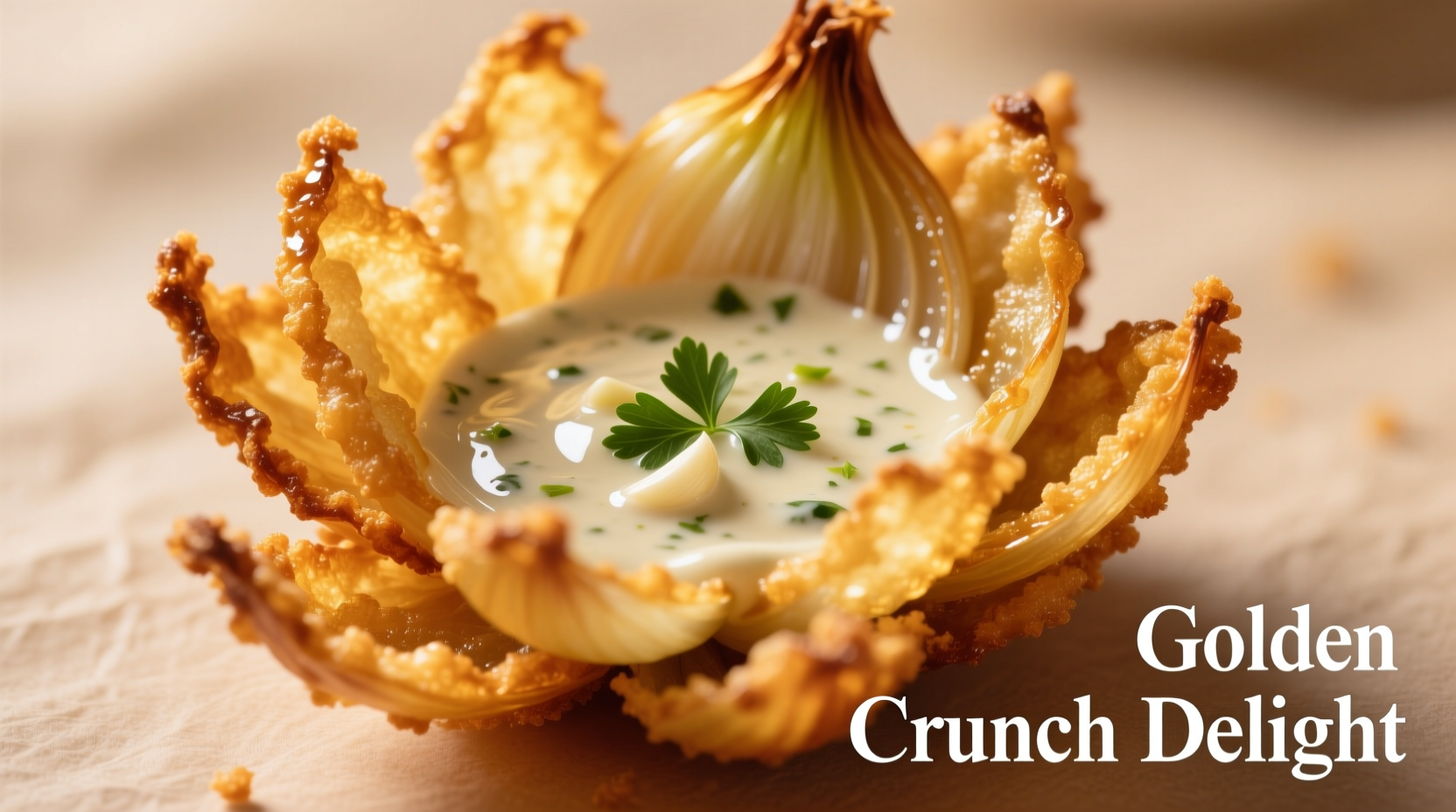 Close-up of golden bloomin onion with dipping sauce