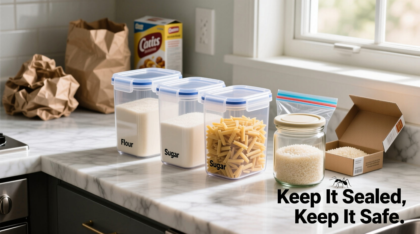 Proper food storage preventing ant infestations