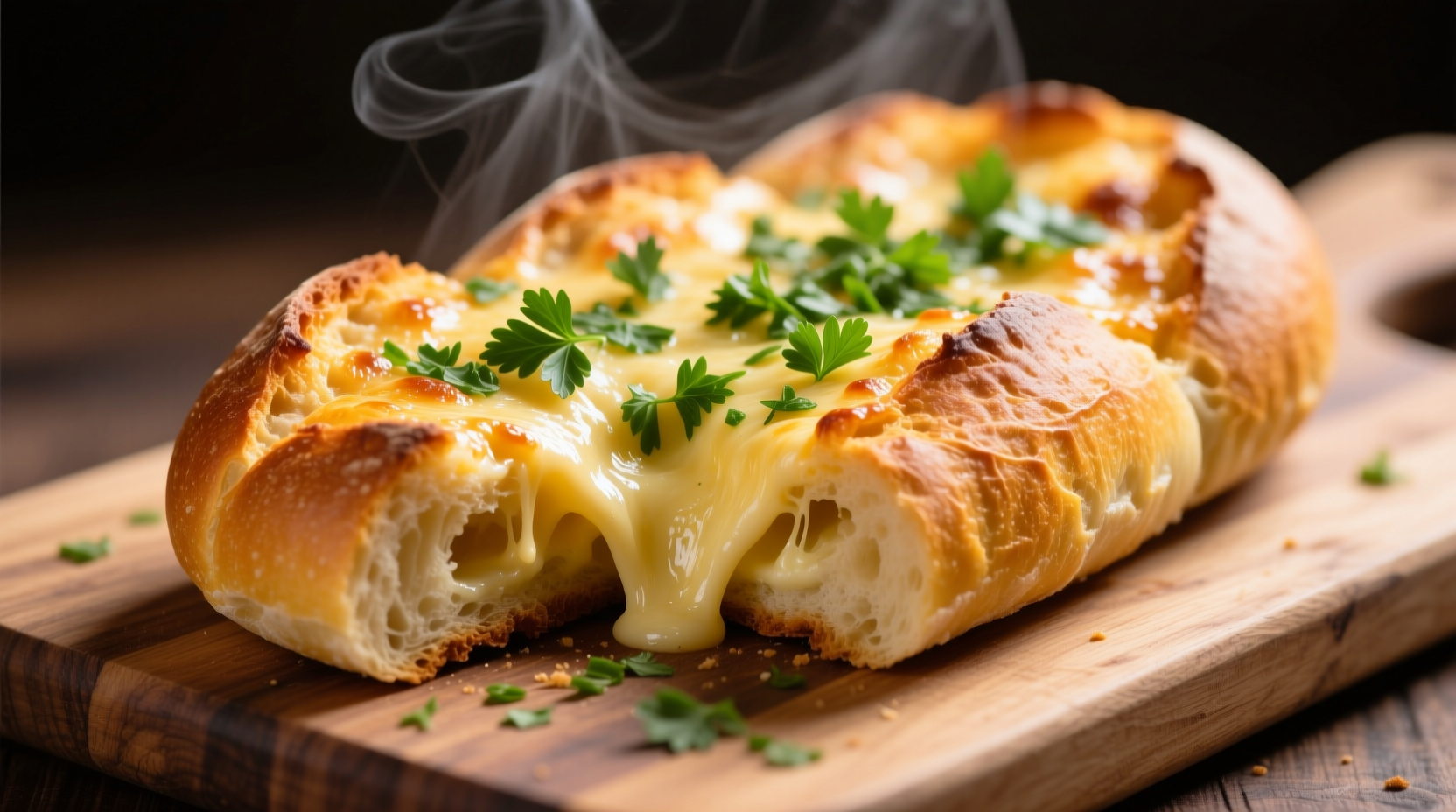 Golden garlic bread with melted cheese and fresh parsley