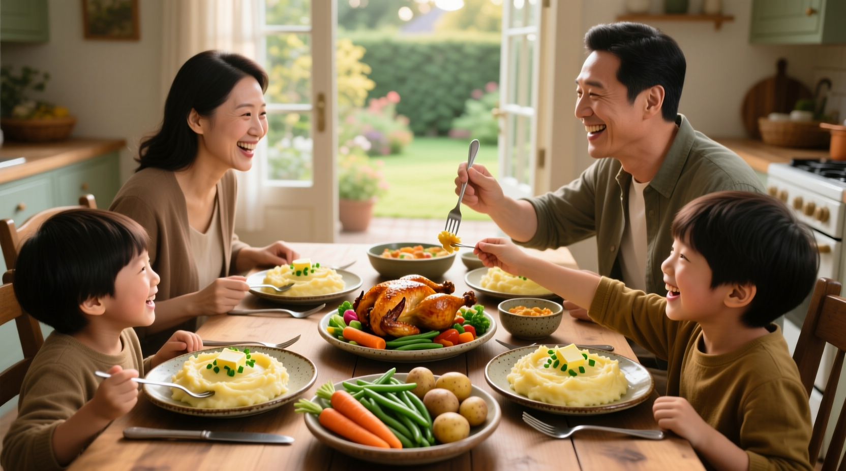 Family enjoying a complete mashed potato meal with roasted chicken and vegetables