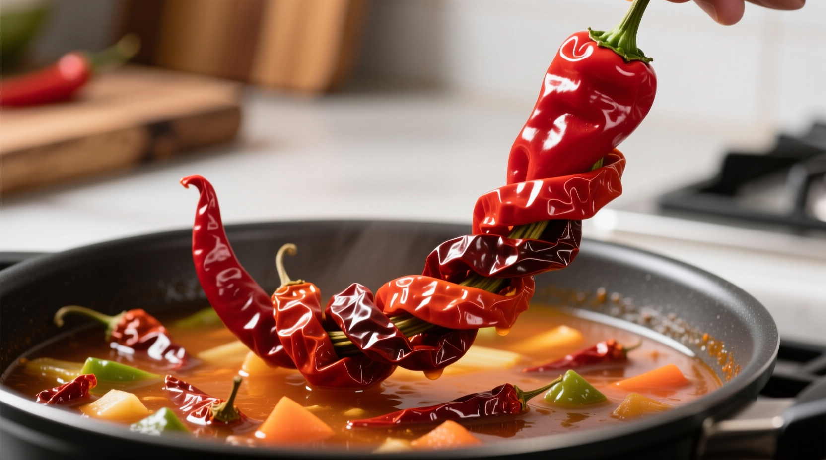 Close-up of rehydrated dried chilies being added to a vegetable stew, highlighting integration into nutrient-dense cooking
