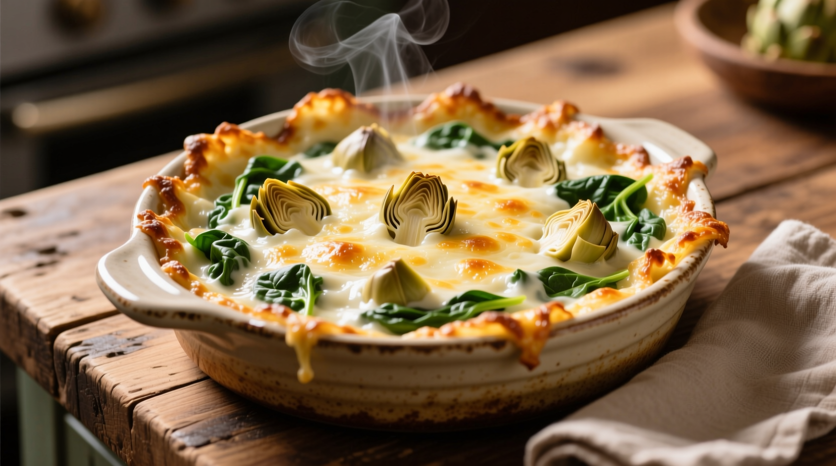 Creamy artichoke spinach dip in baking dish
