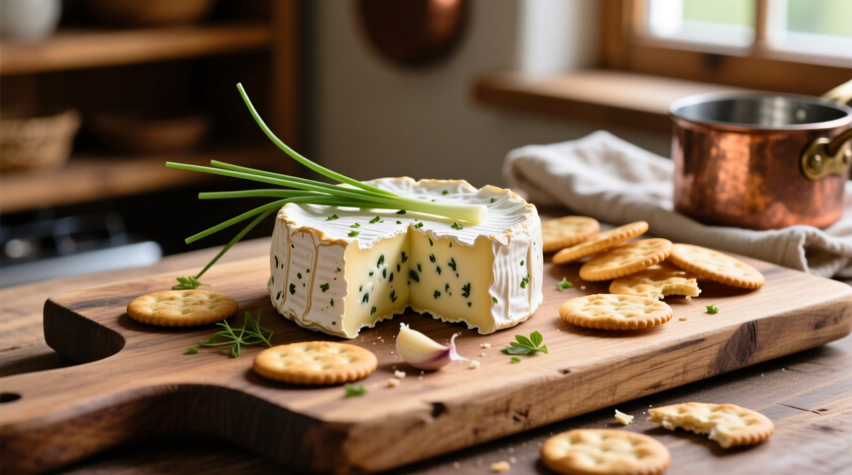 Boursin Garlic and Herb cheese on a wooden board with crackers