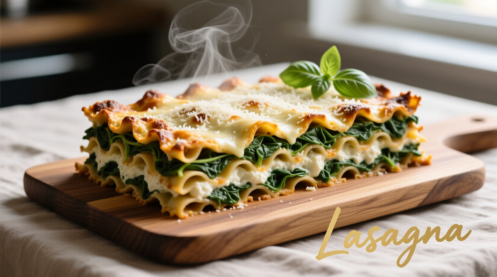 Perfectly layered spinach ricotta cheese lasagna