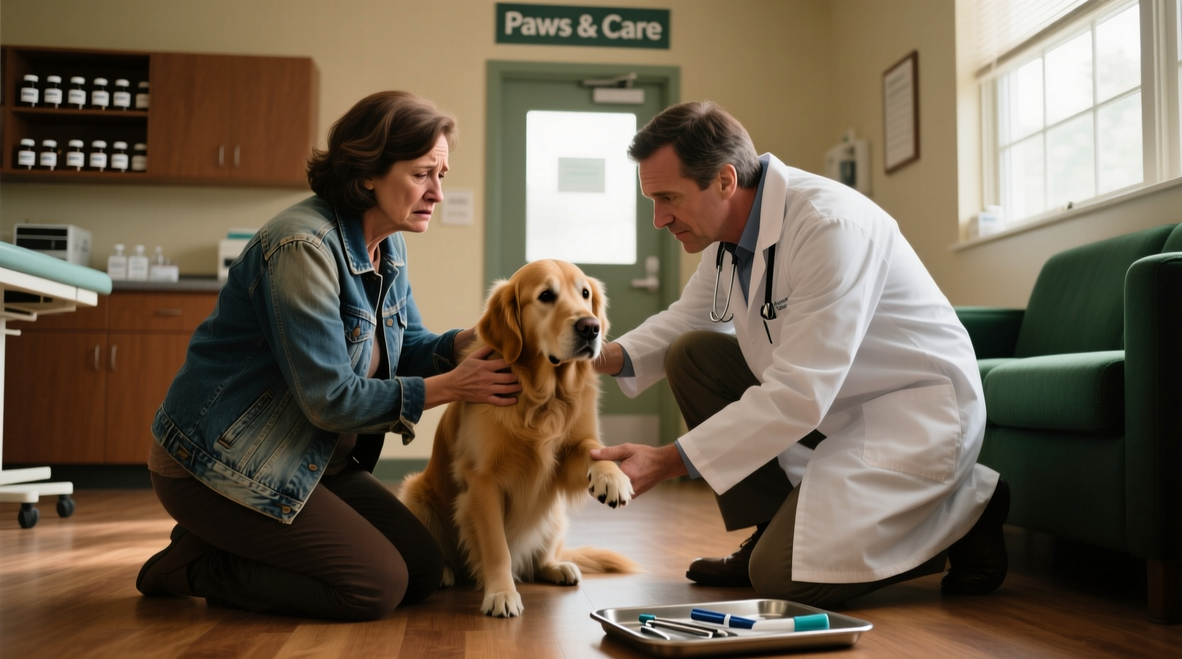 Veterinarian examining a concerned dog owner