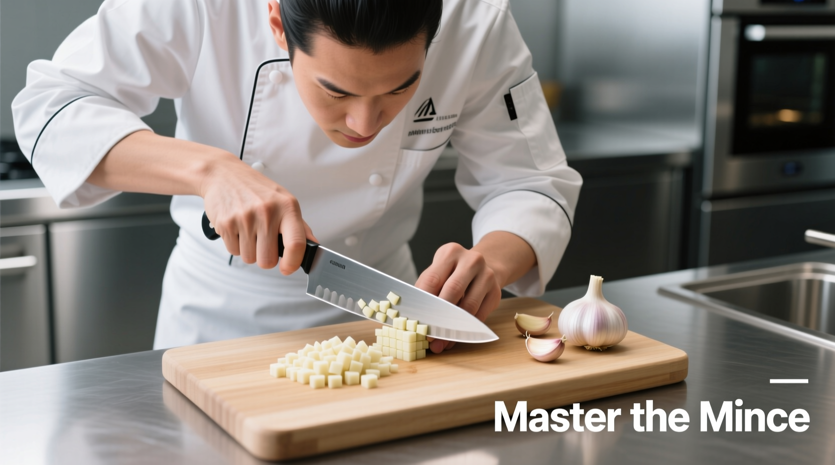 Professional chef demonstrating proper garlic dicing technique with sharp knife