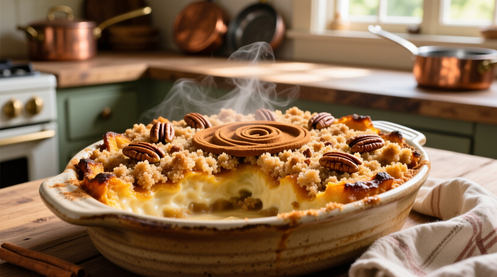 Golden sweet potato casserole with pecan streusel topping