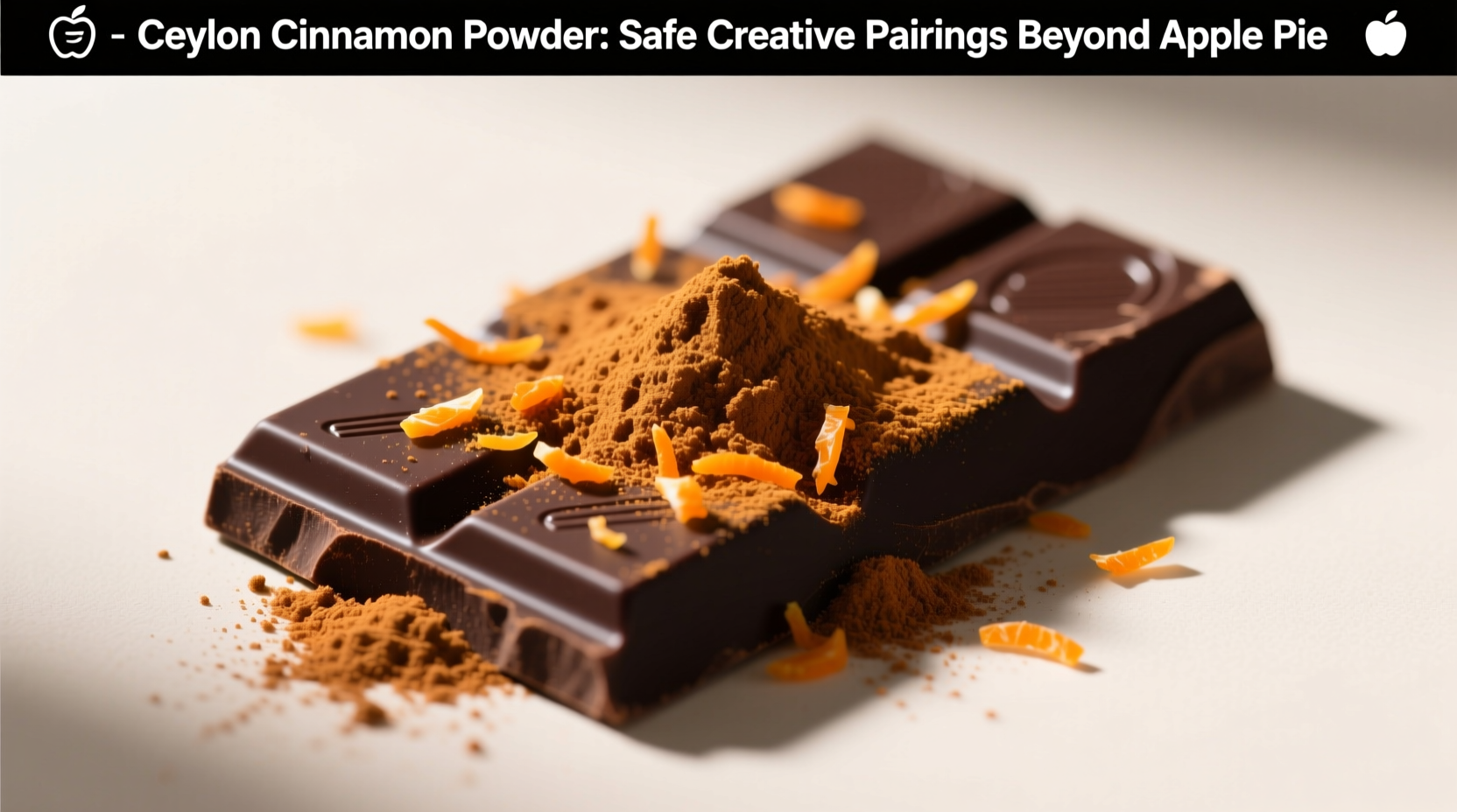 Ceylon cinnamon powder sprinkled over dark chocolate bar with orange zest