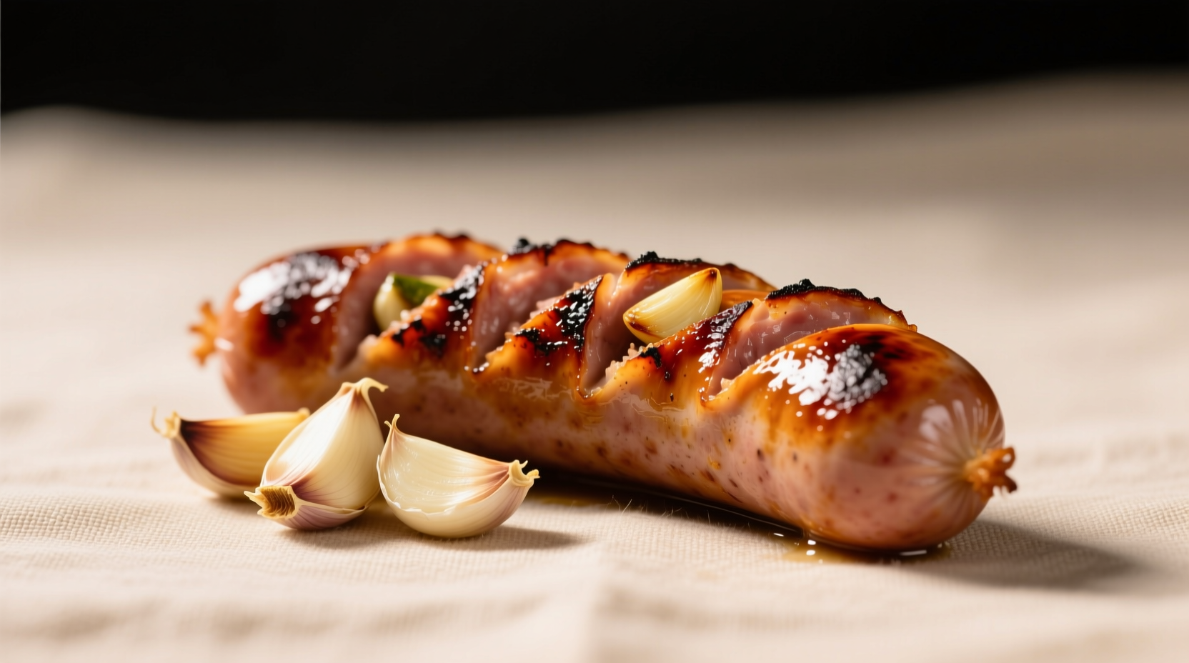 Vienna sausages pan-seared with smoked paprika and garlic cloves showing caramelized edges