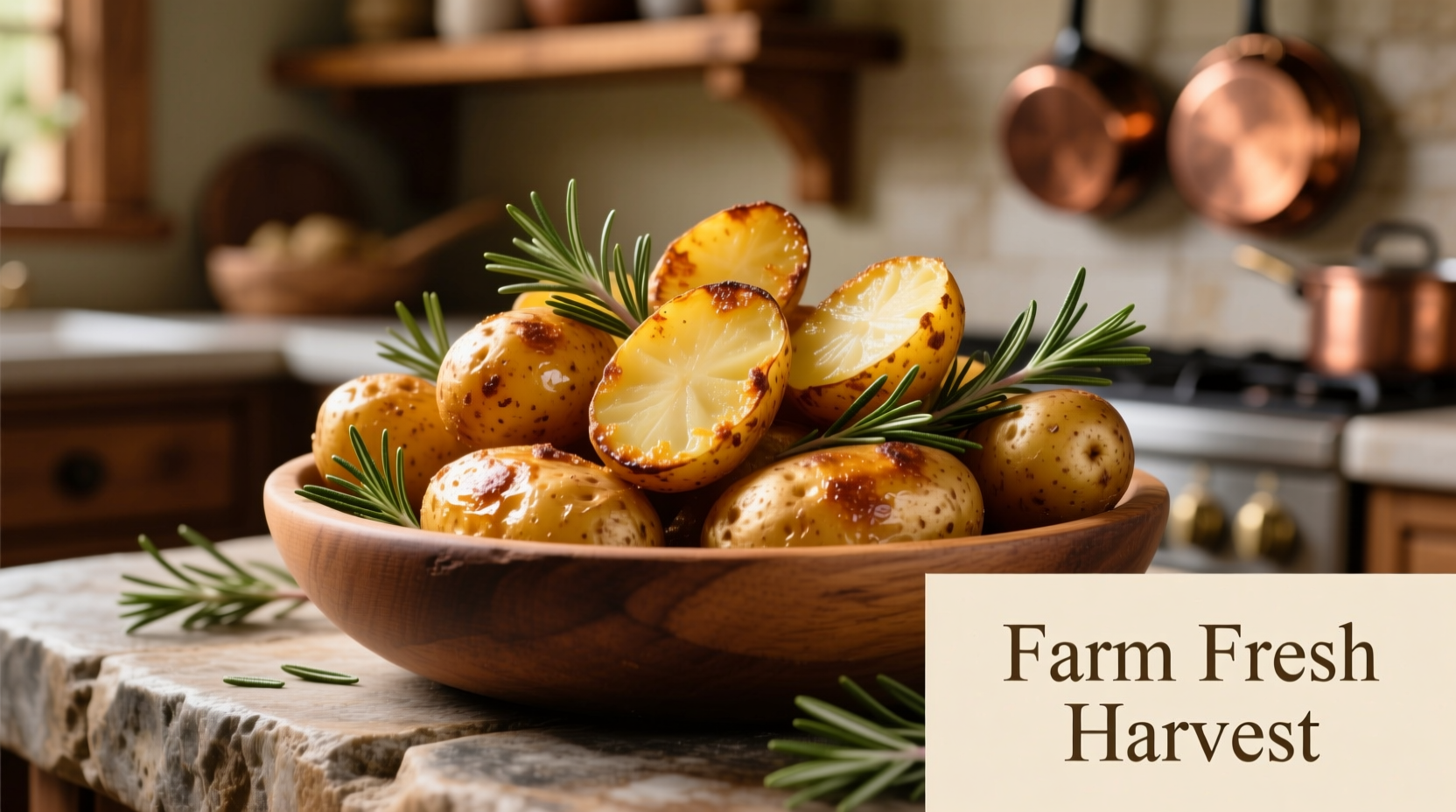 Golden roasted fingerling potatoes with rosemary sprigs