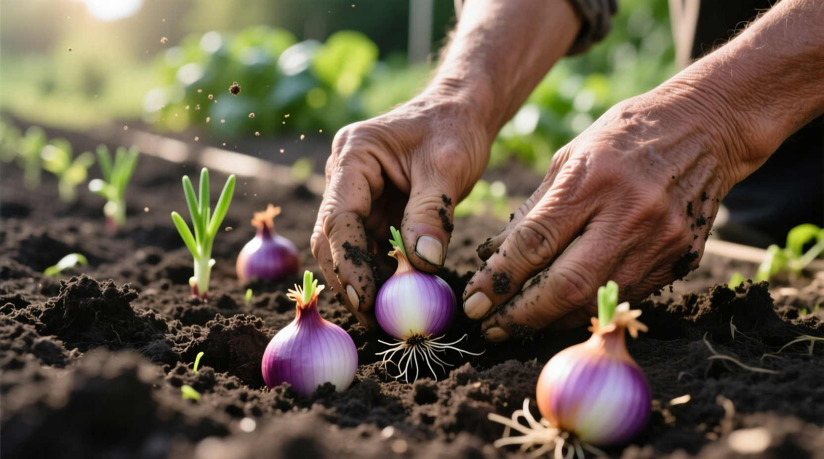 Hands planting onion sets in garden soil