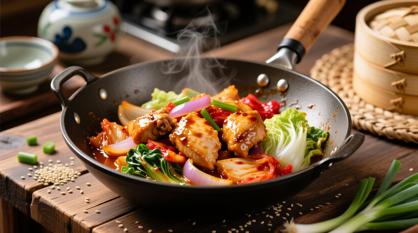 kimchi chicken cabbage stir fry