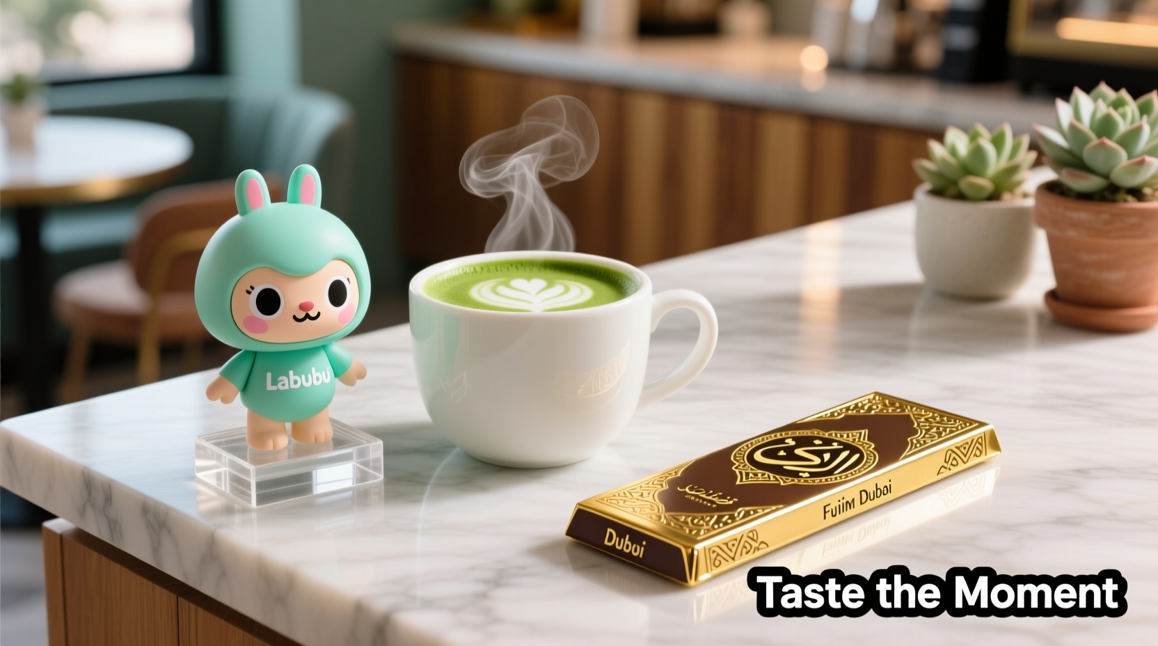 a matcha a labubu and a dubai chocolate