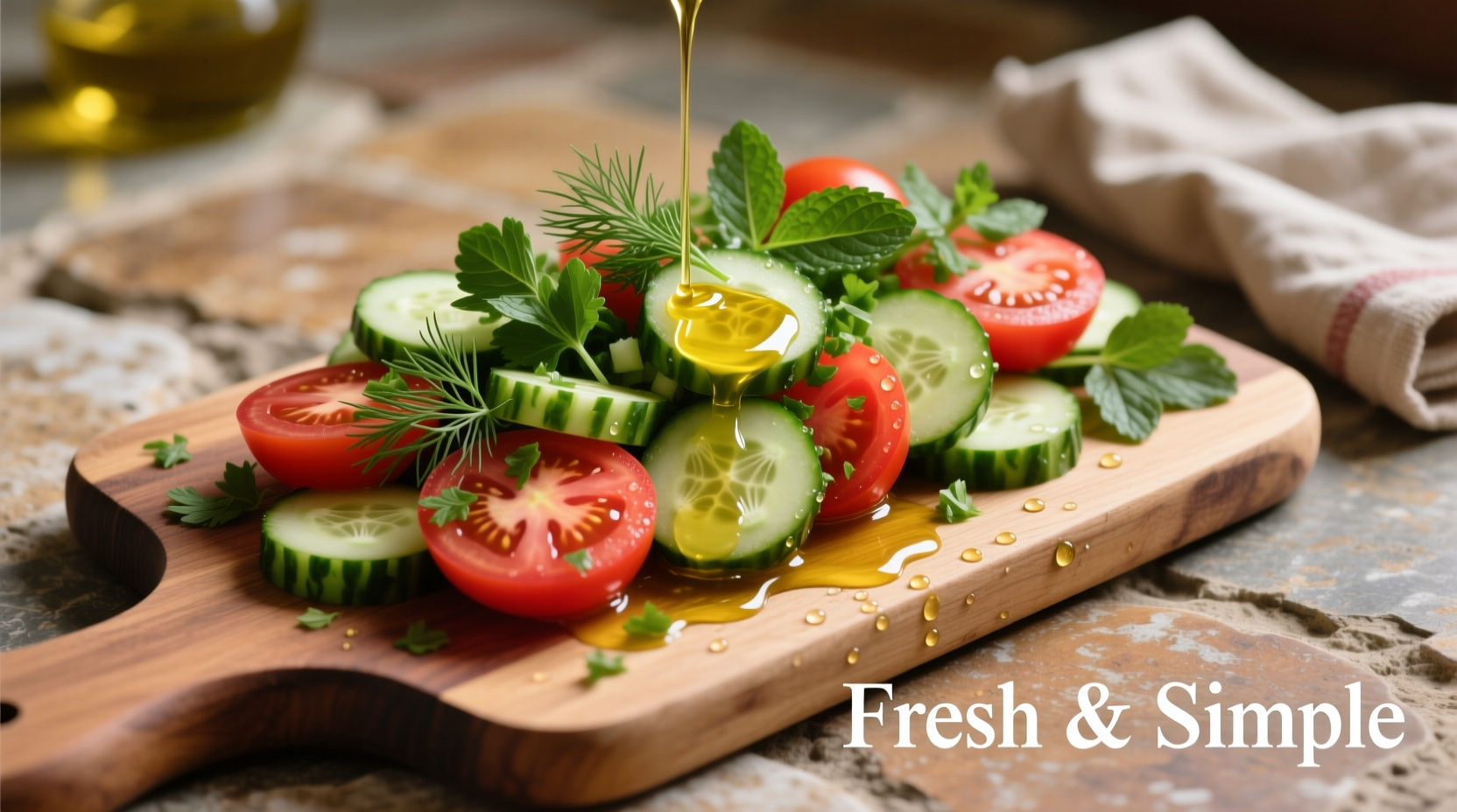 Fresh tomato cucumber salad with herbs and olive oil