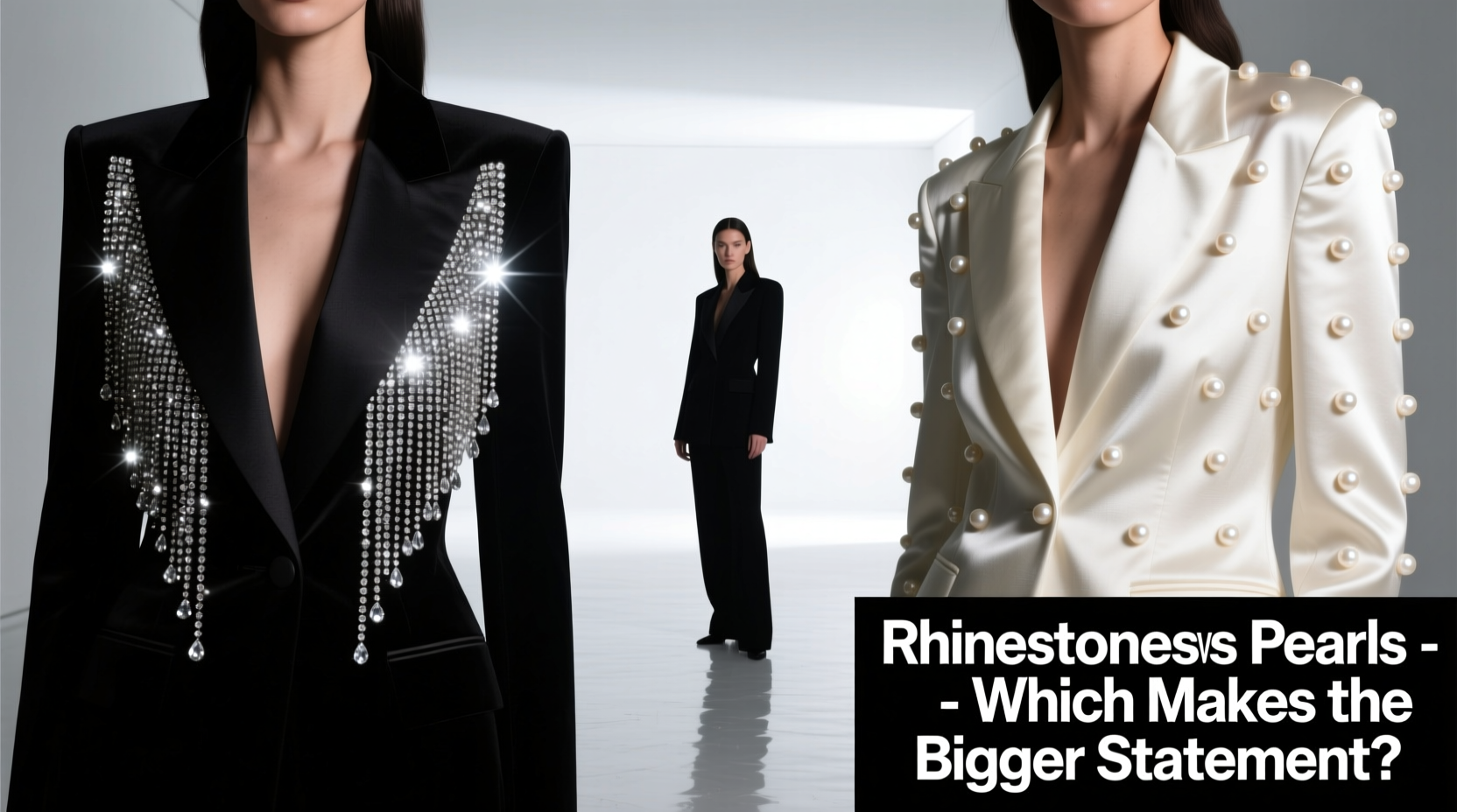 Side-by-side comparison of rhinestone-embellished black blazer versus pearl-trimmed white blazer, highlighting visual impact and statement differences for luxury streetwear design decisions.