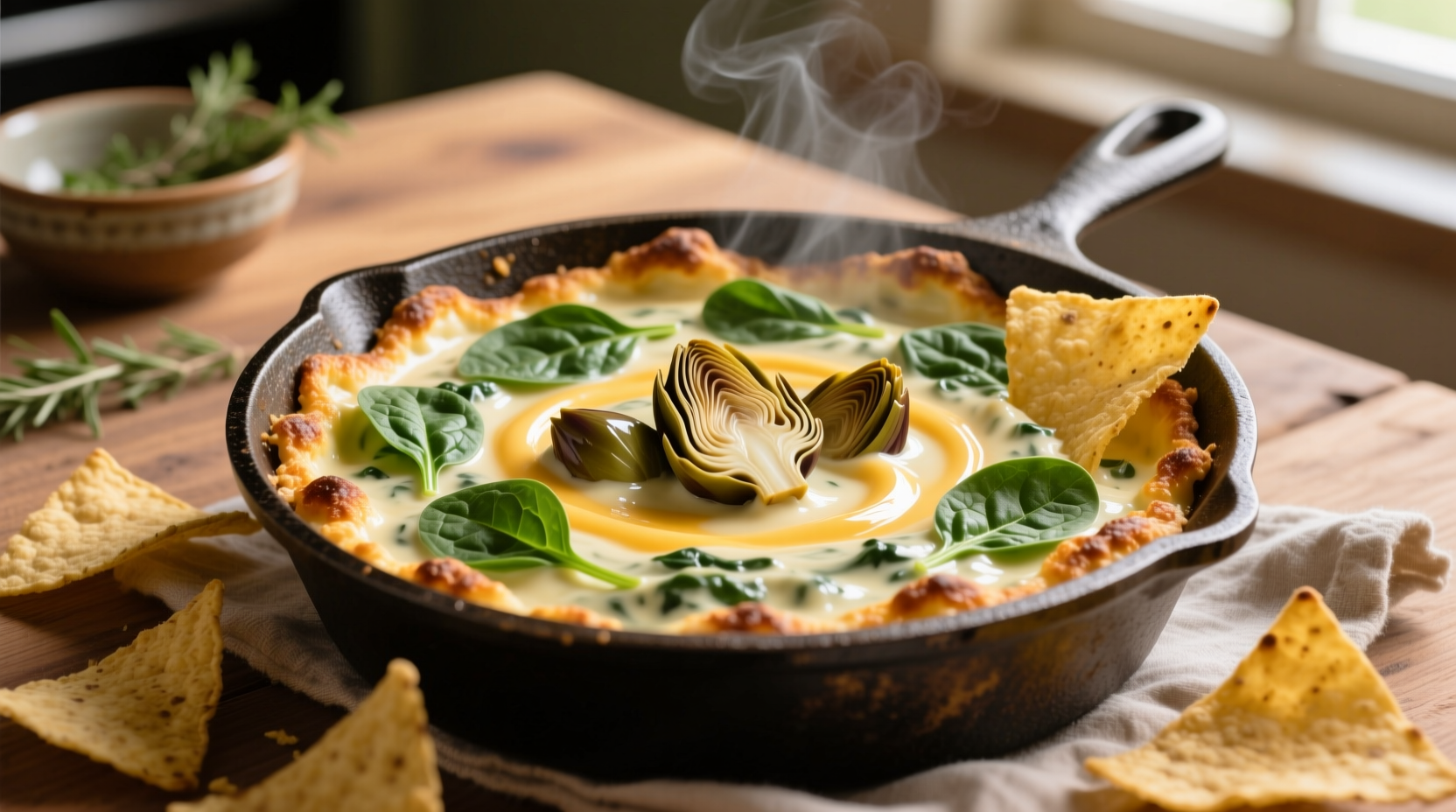 Creamy spinach artichoke dip in cast iron skillet with tortilla chips
