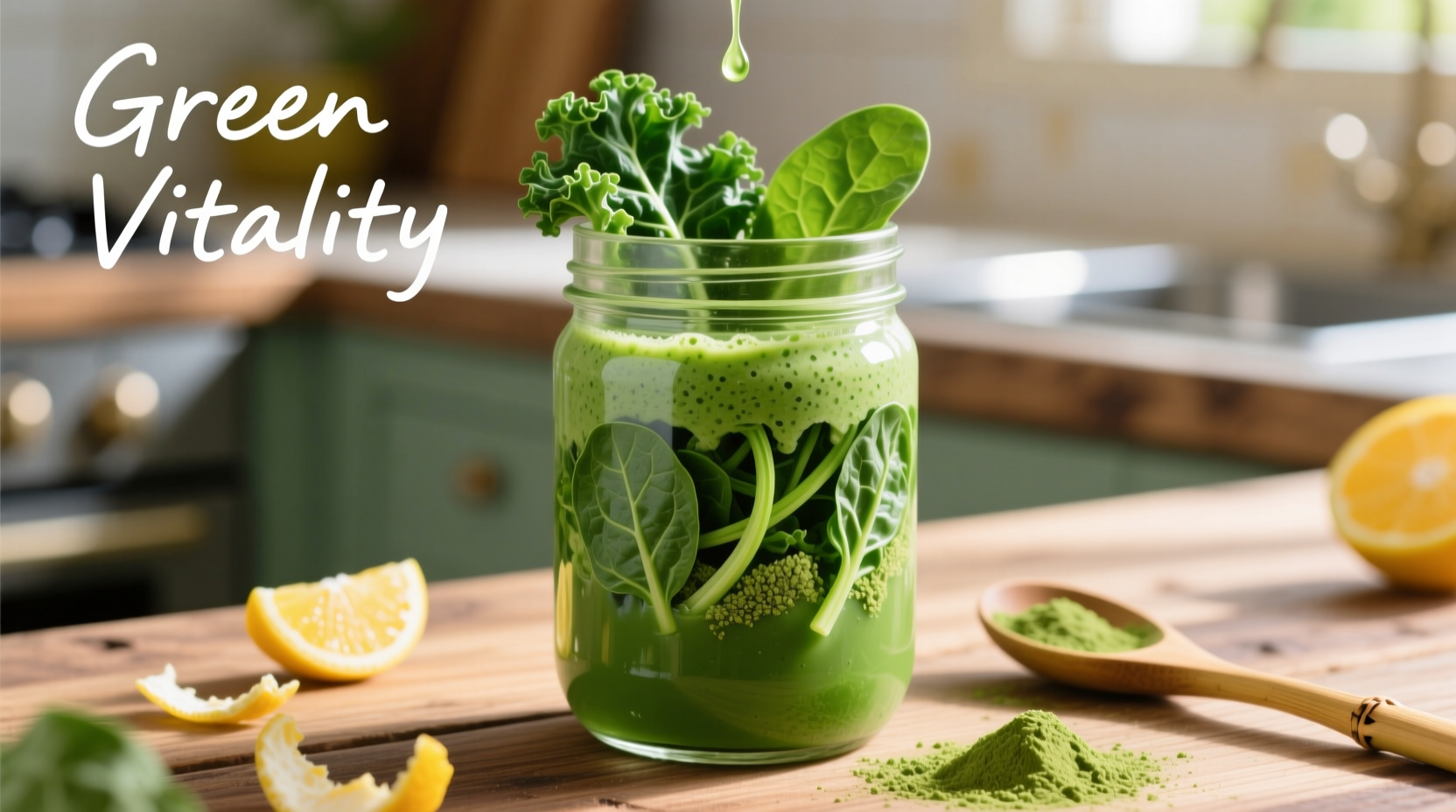 Fresh green smoothie in glass with kale spinach and green tea