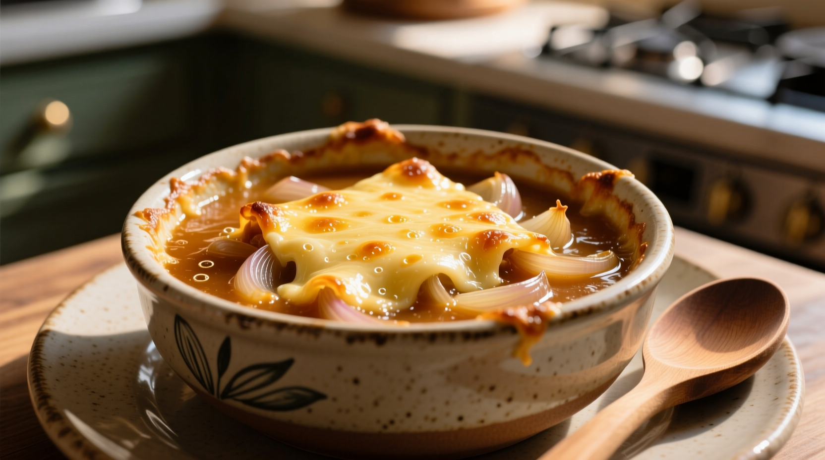 Golden French onion soup with melted cheese topping in ceramic bowl