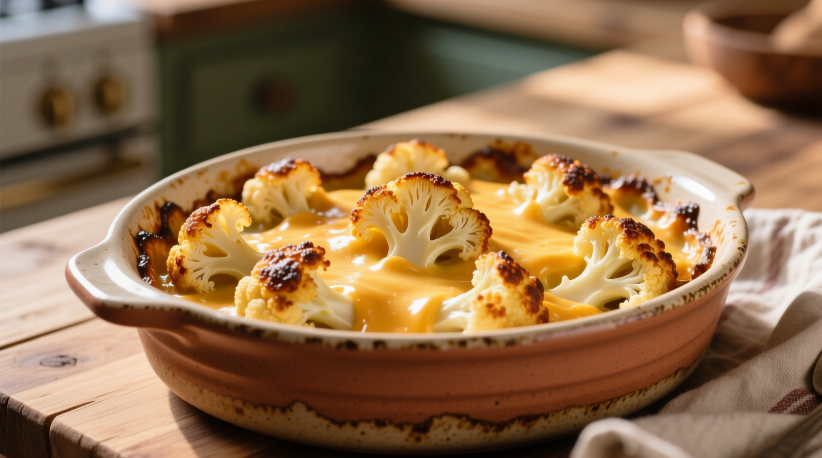 Golden baked cauliflower au gratin in ceramic dish