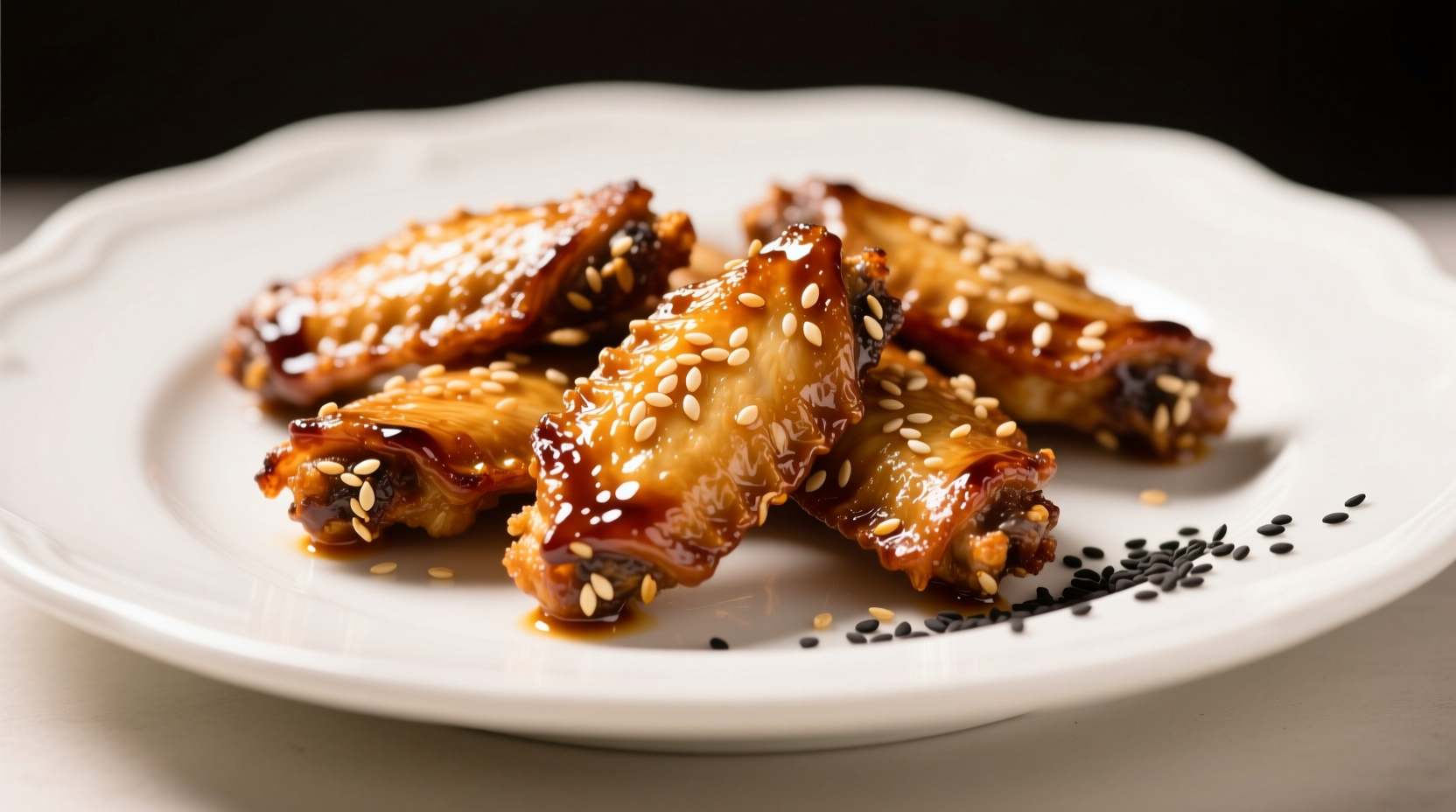Crispy soy garlic wings on white plate with sesame seeds