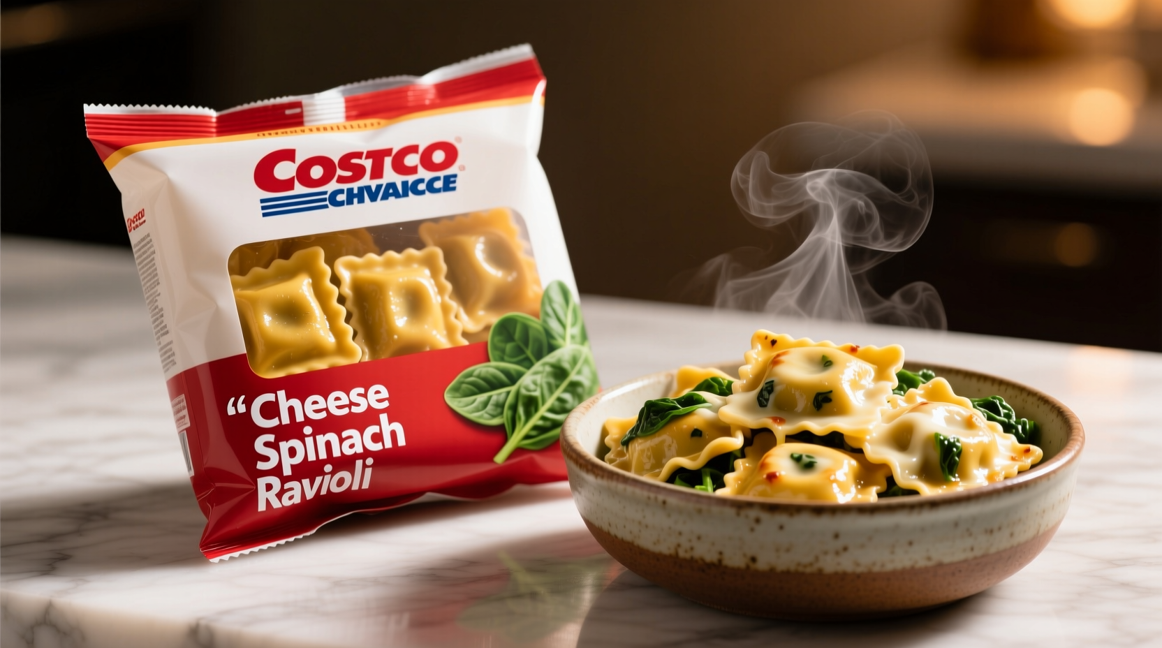 Costco cheese spinach ravioli package and cooked dish