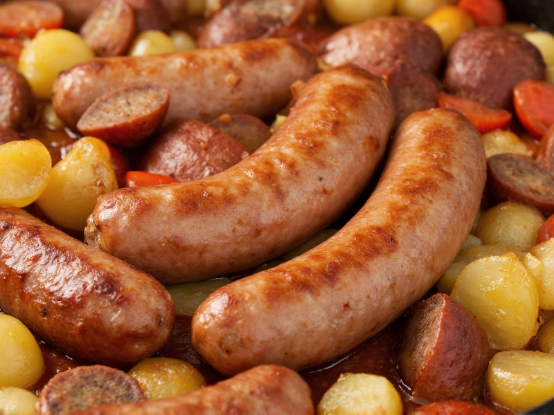 Finished sausage potato slow cooker meal in bowl