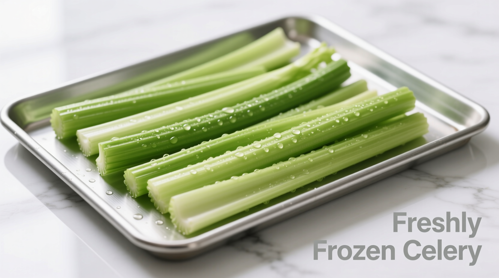 Fresh celery sticks arranged on baking sheet before freezing