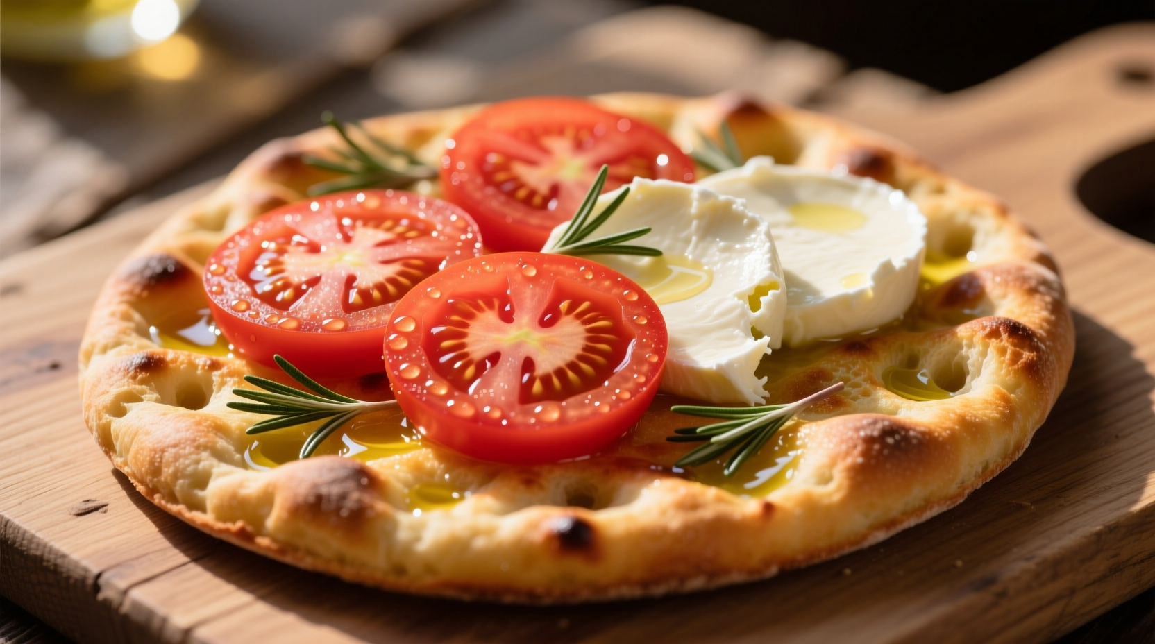 Fresh tomato slices and mozzarella cheese arranged on golden focaccia