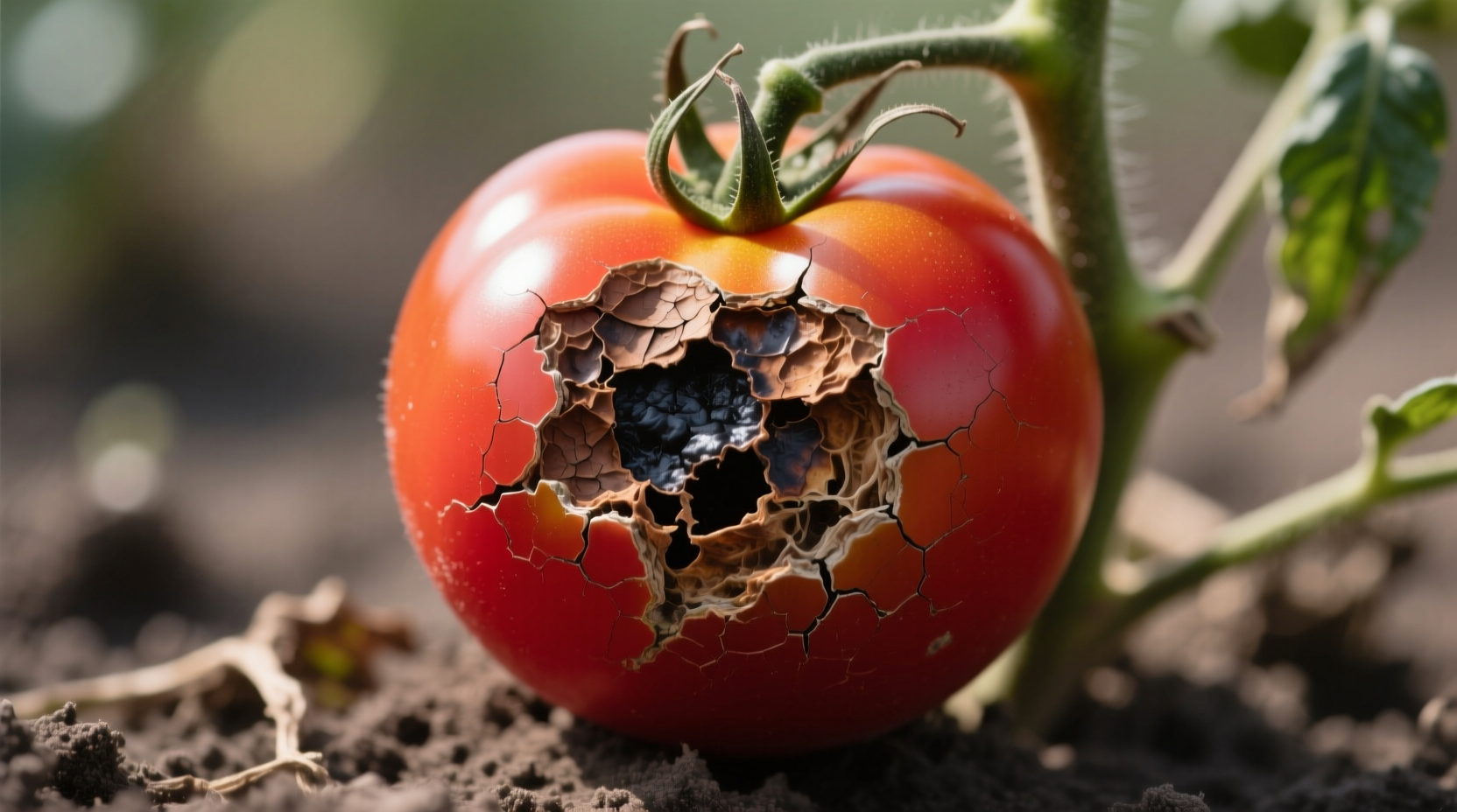 Close-up of tomato showing blossom end rot symptoms