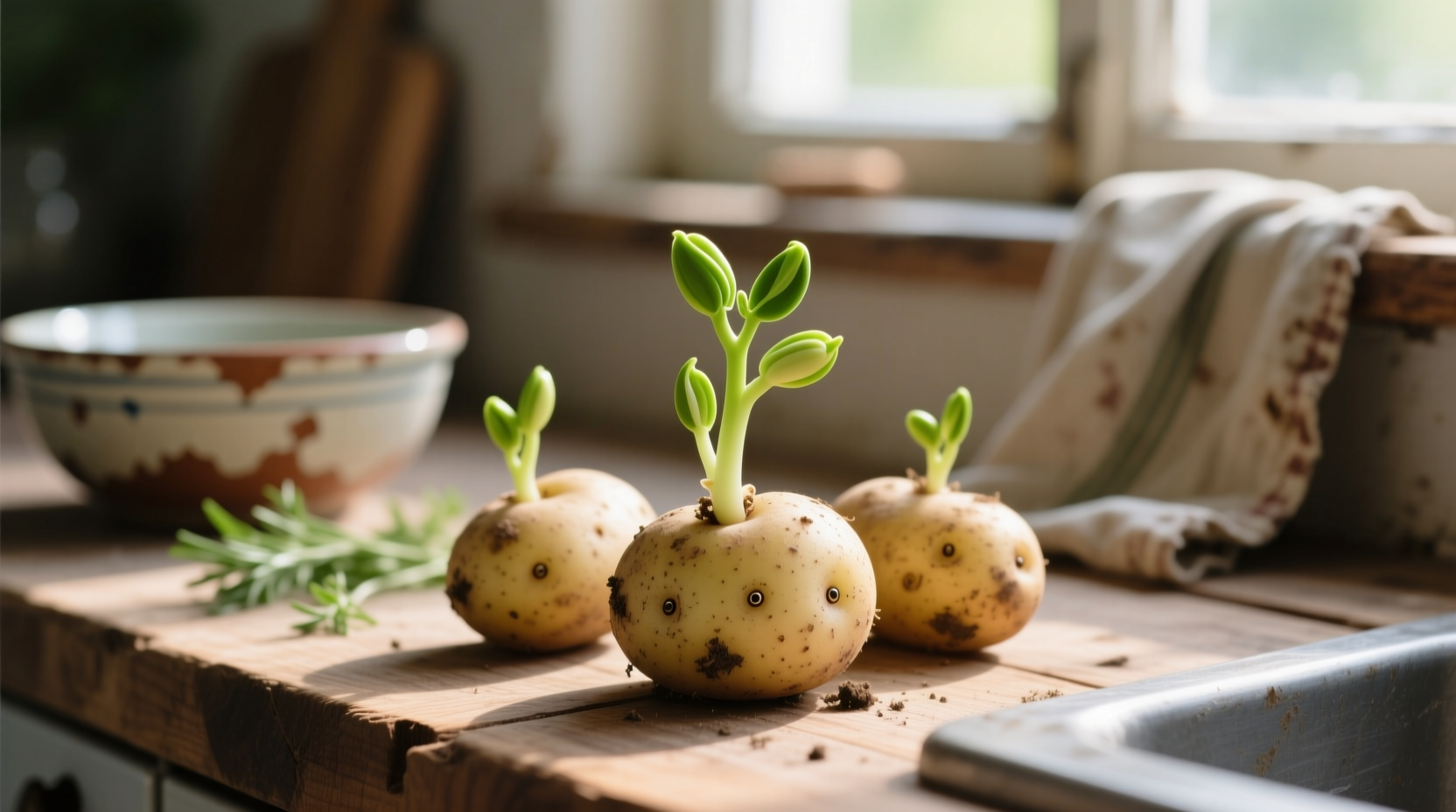 Close-up of sprouted potatoes on kitchen counter