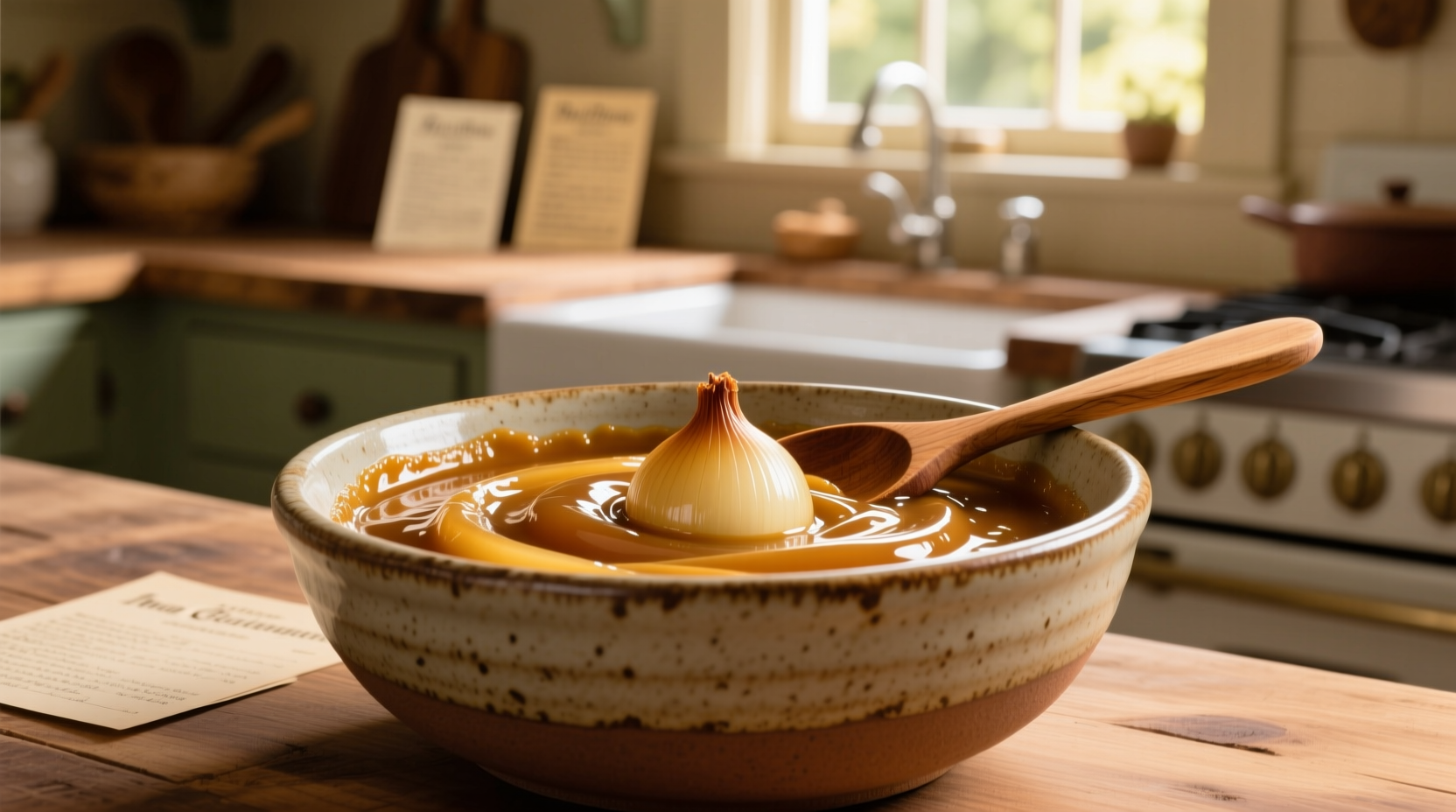 Ina Garten's caramelized onion dip in ceramic bowl