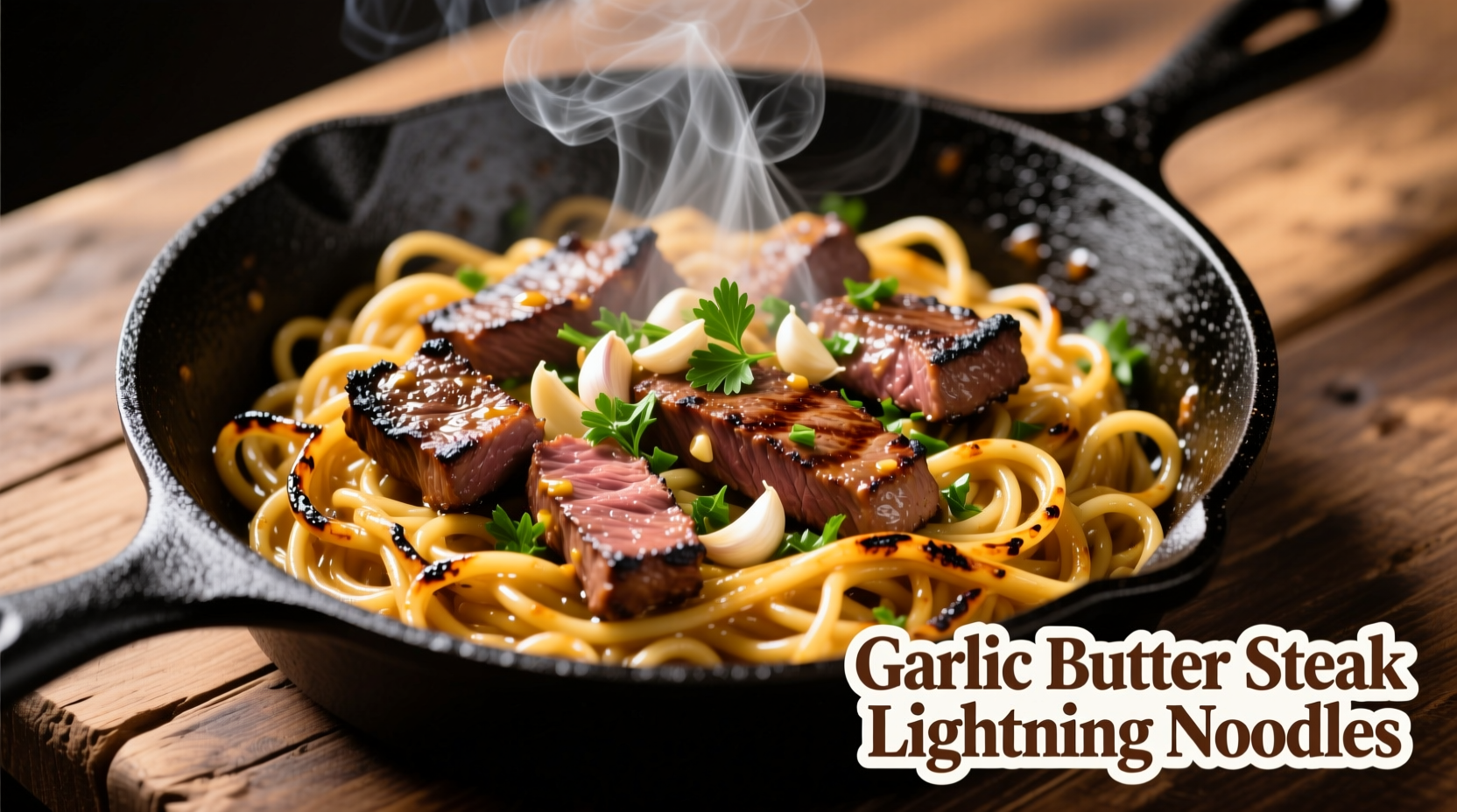 Sizzling garlic butter steak lightning noodles in cast iron skillet