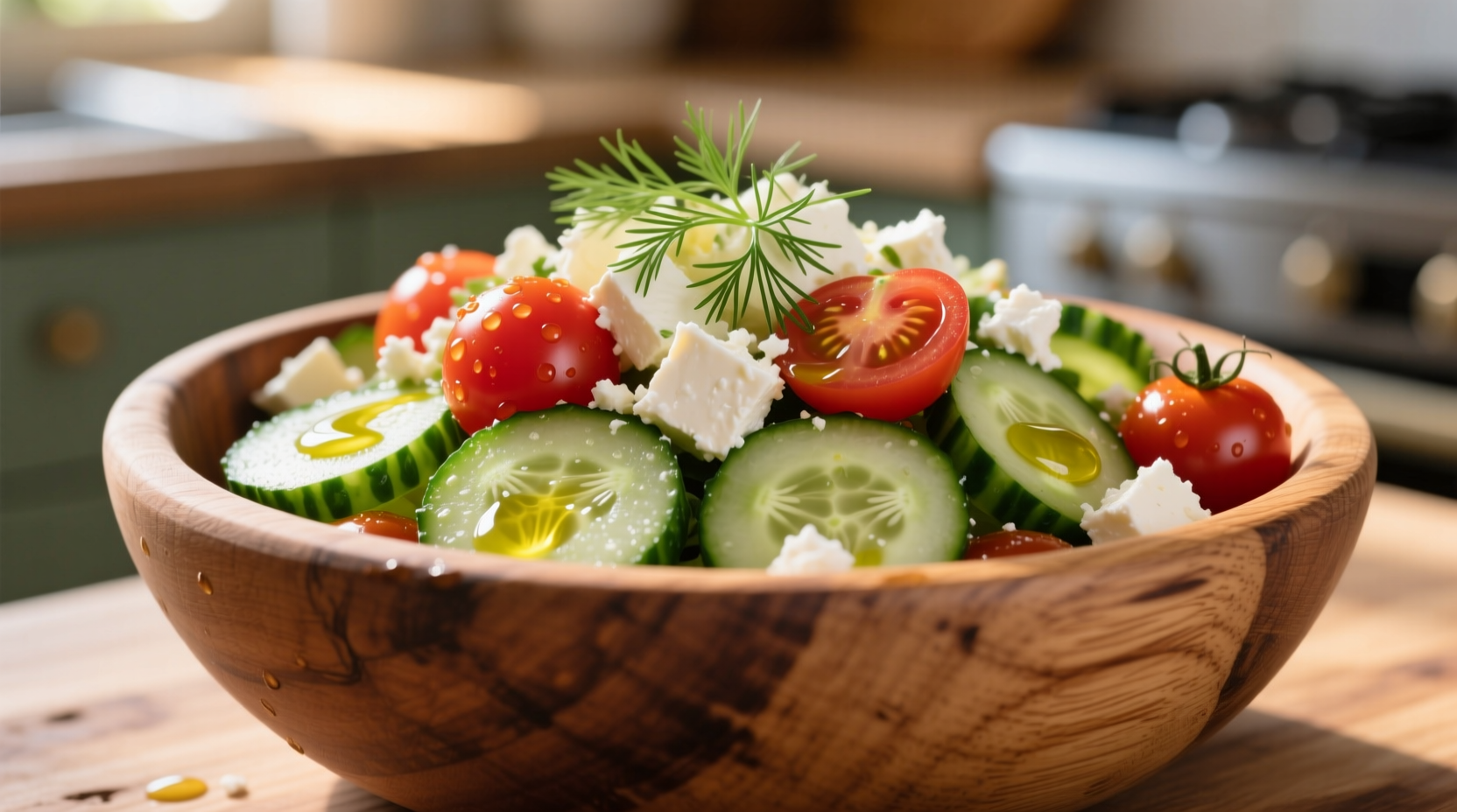 Fresh cucumber tomato and feta salad in wooden bowl
