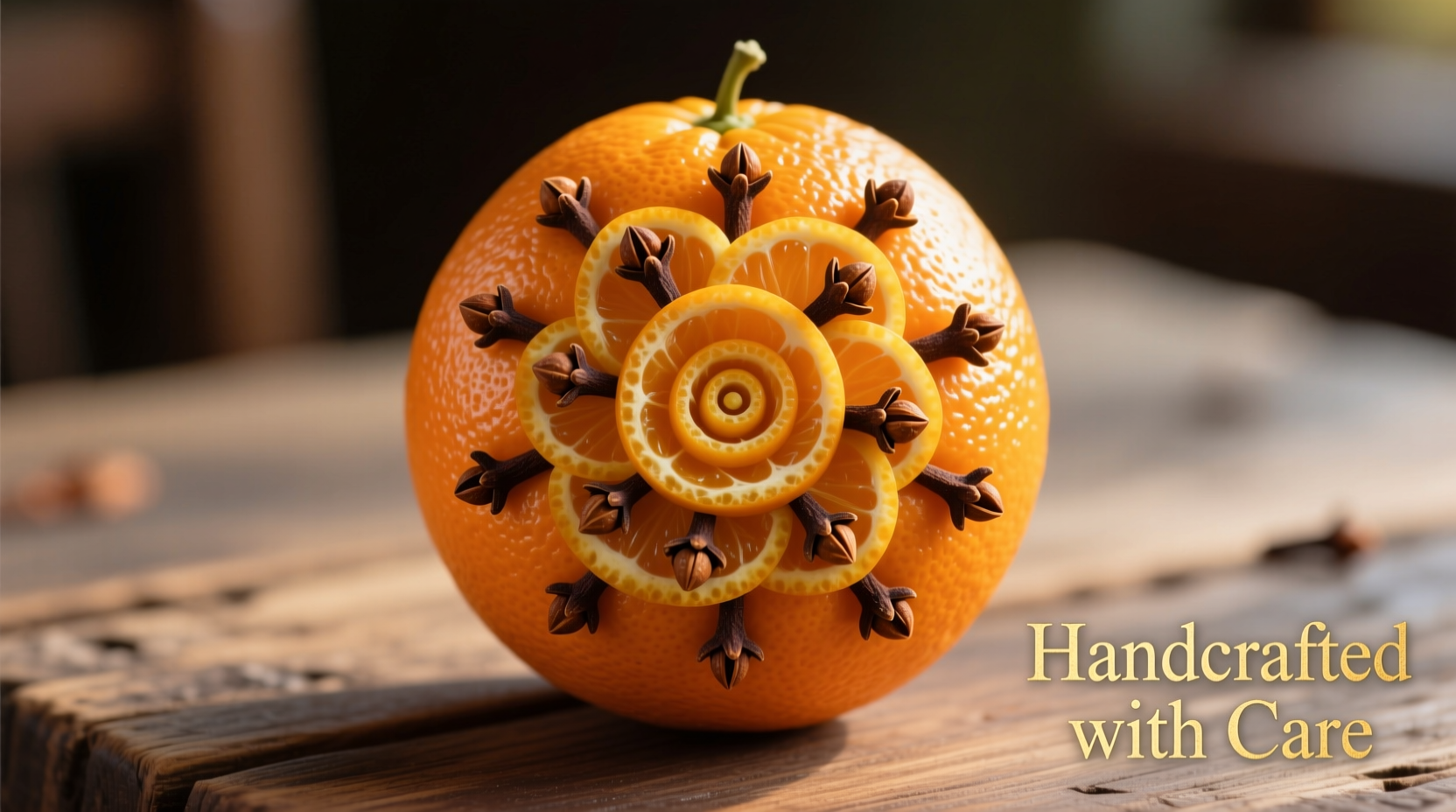 Handcrafted orange pomander with cloves arranged in decorative pattern