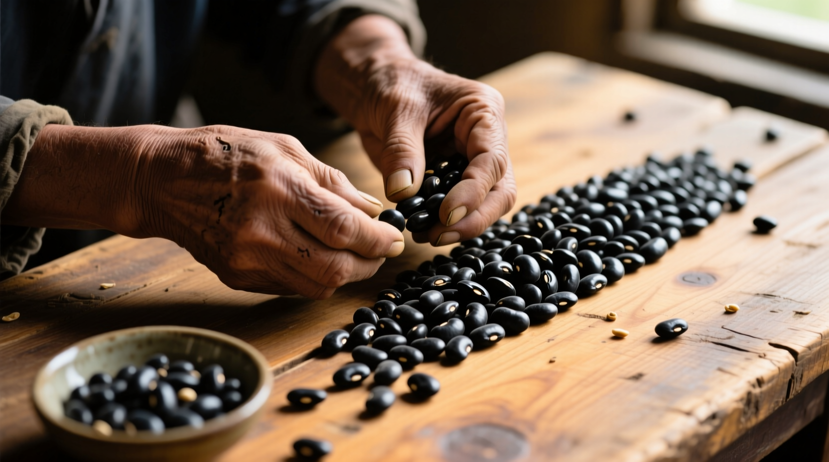Hands sorting dry black beans on wooden table