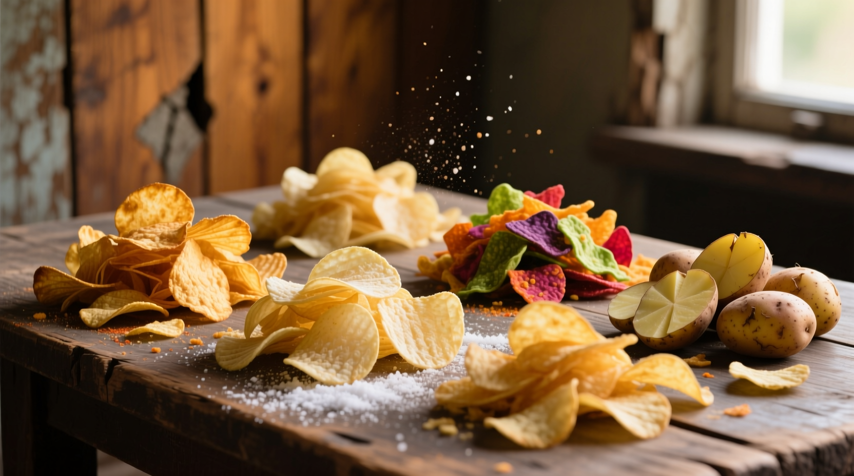 Variety of potato chip types arranged on wooden table