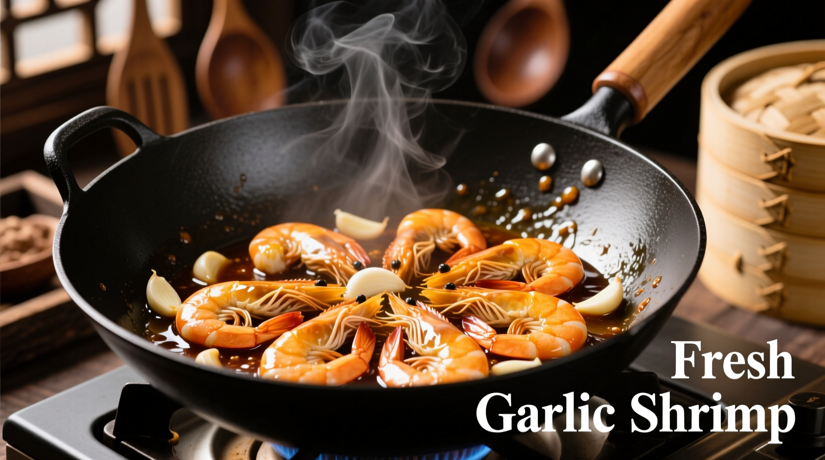 Fresh garlic shrimp in wok with glossy sauce