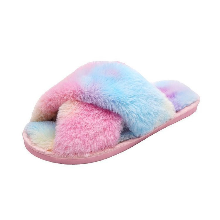 Indoor House Furry Slippers Women Winter Warm Shoes Slides Plush Flat Slipper