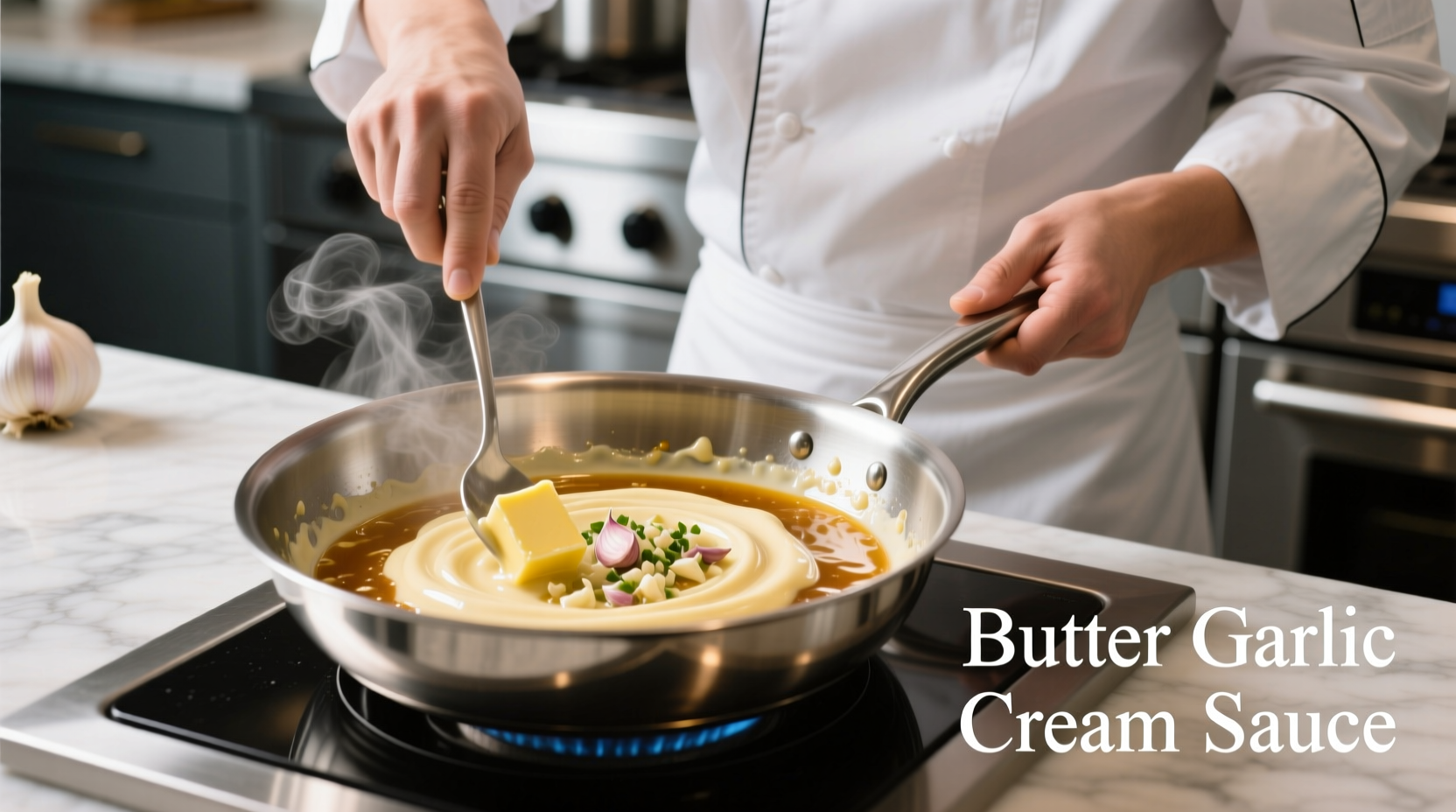 Chef preparing butter garlic cream sauce in stainless steel pan