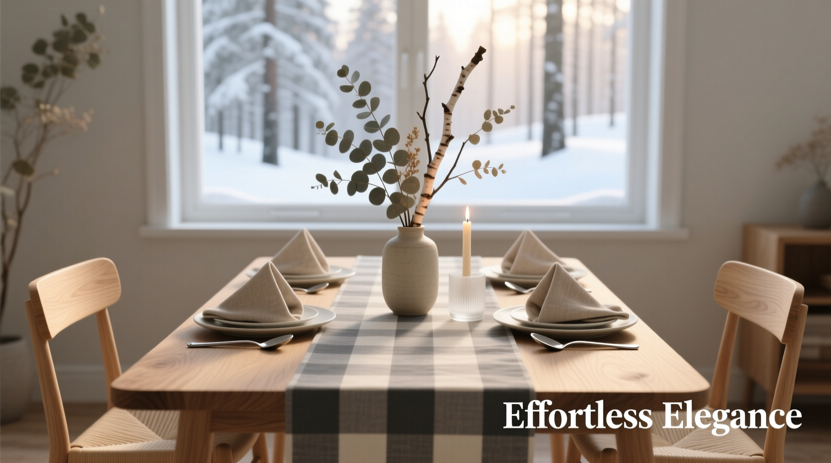 creative ways to style a nordic dining table with a checkerboard tablecloth for effortless elegance