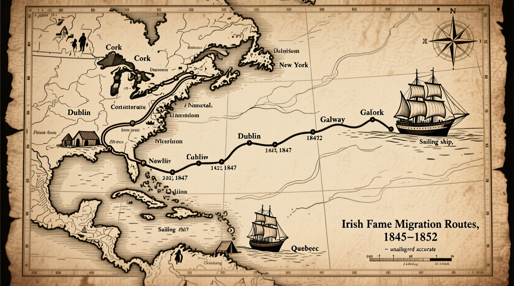 Historical map showing Irish famine migration routes 1845-1852
